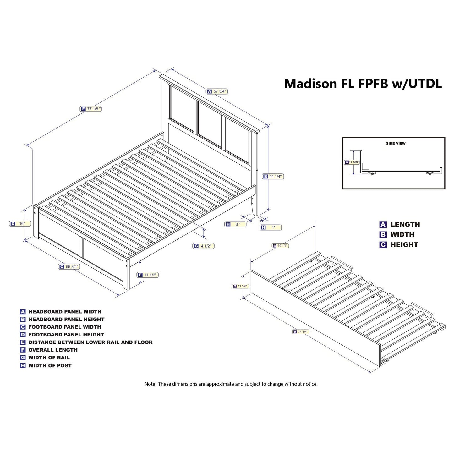 AFI Furnishings Madison Full Platform Bed with Flat Panel Foot Board and Twin Size Urban Trundle Bed