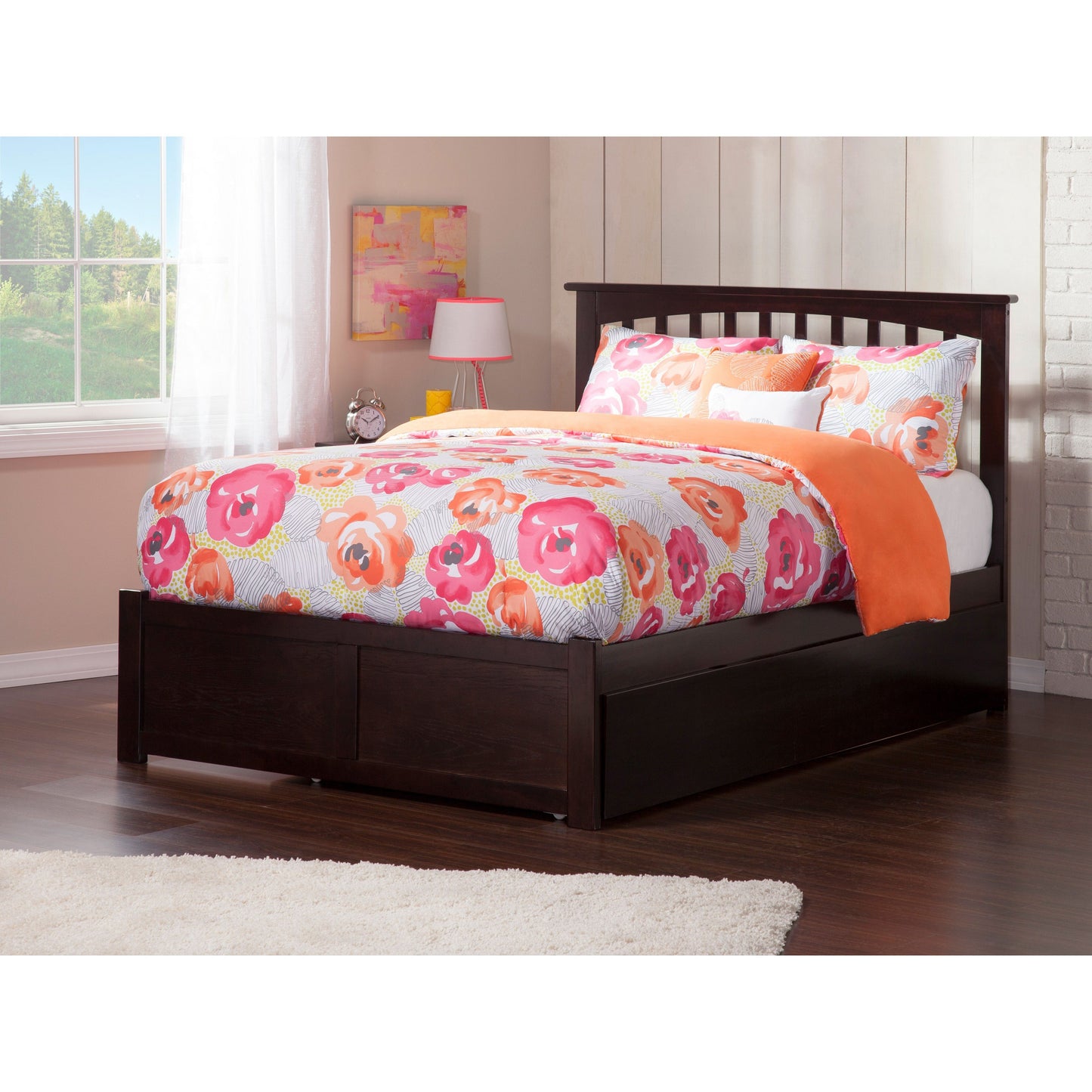 AFI Furnishings Mission Full Platform Bed with Flat Panel Foot Board and Twin Size Urban Trundle Bed