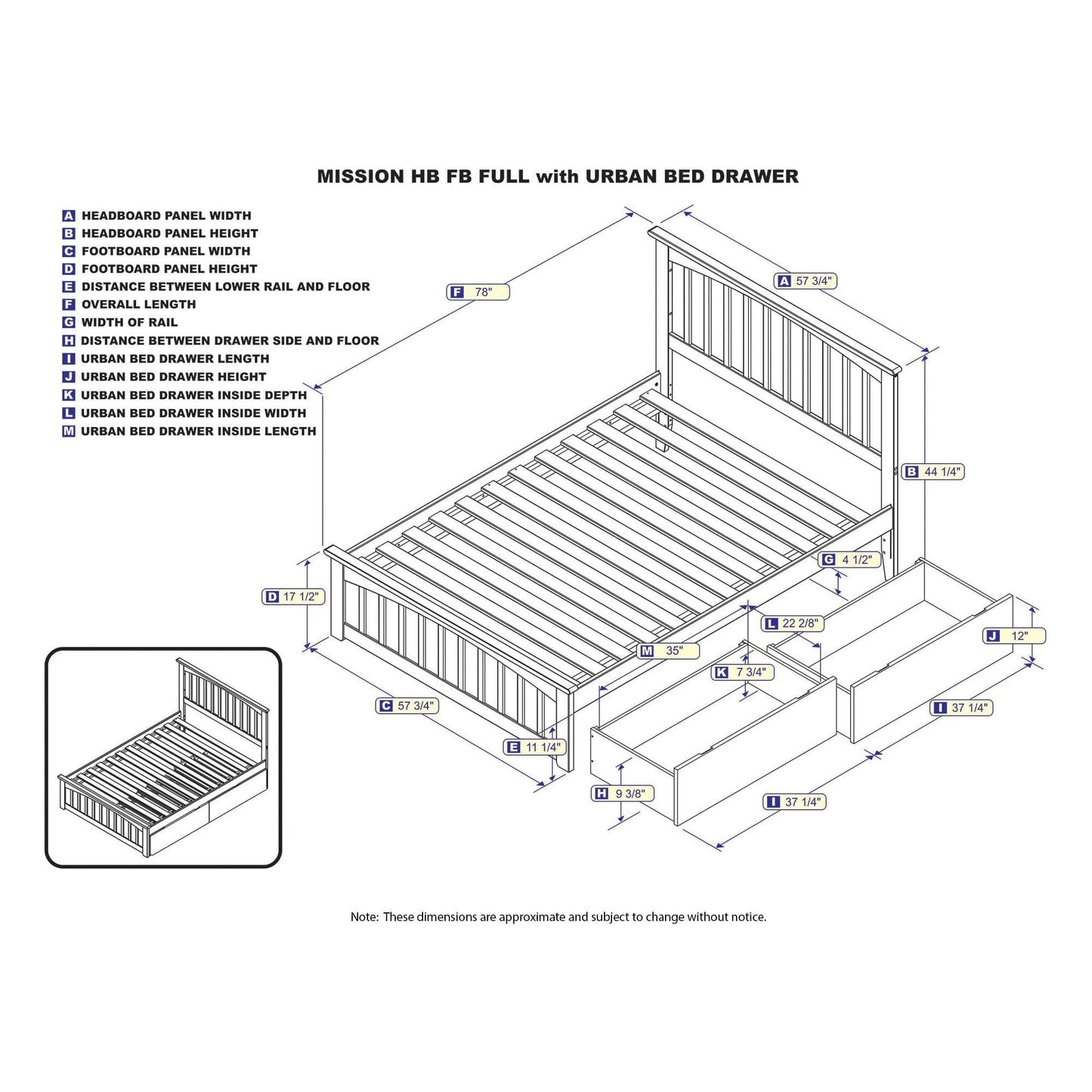 AFI Furnishings Mission Full Platform Bed with Matching Foot Board with 2 Urban Bed Drawers