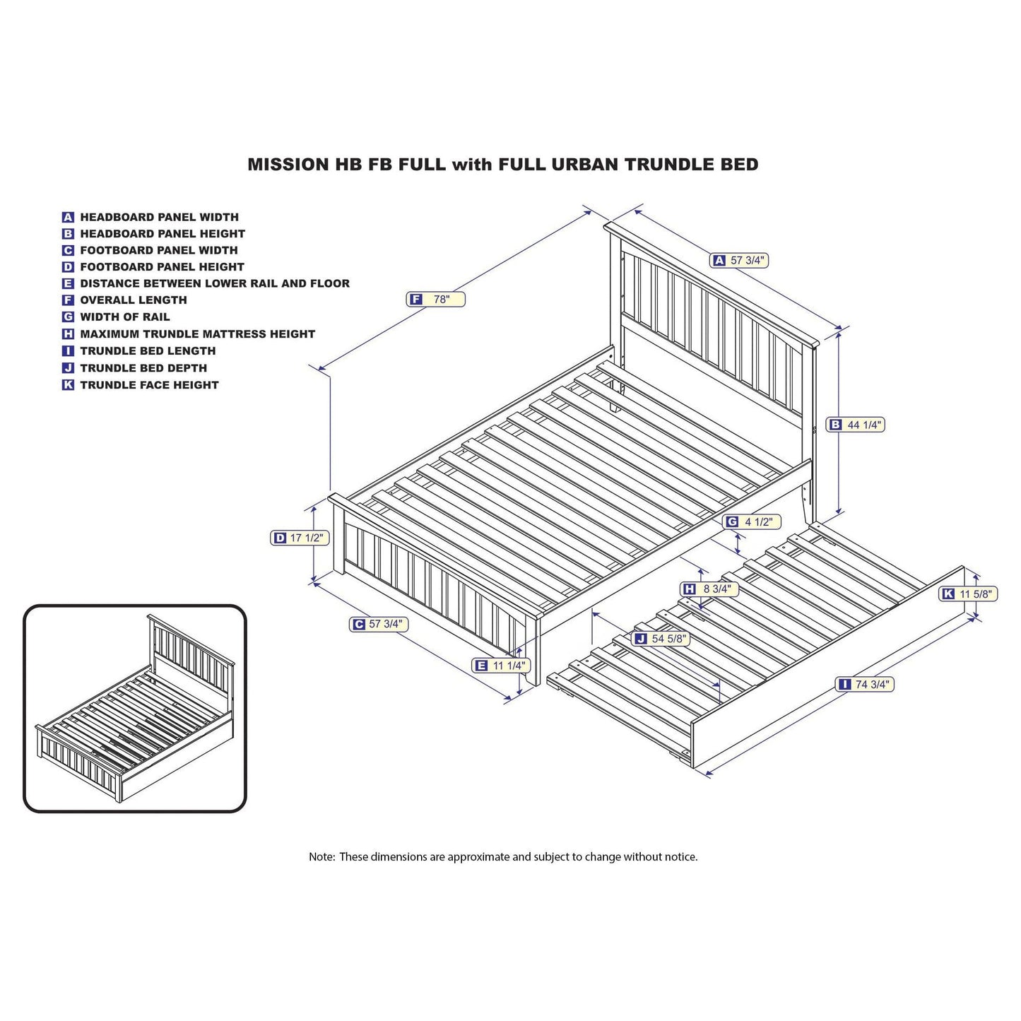 AFI Furnishings Mission Full Platform Bed with Matching Foot Board with Full Size Urban Trundle Bed