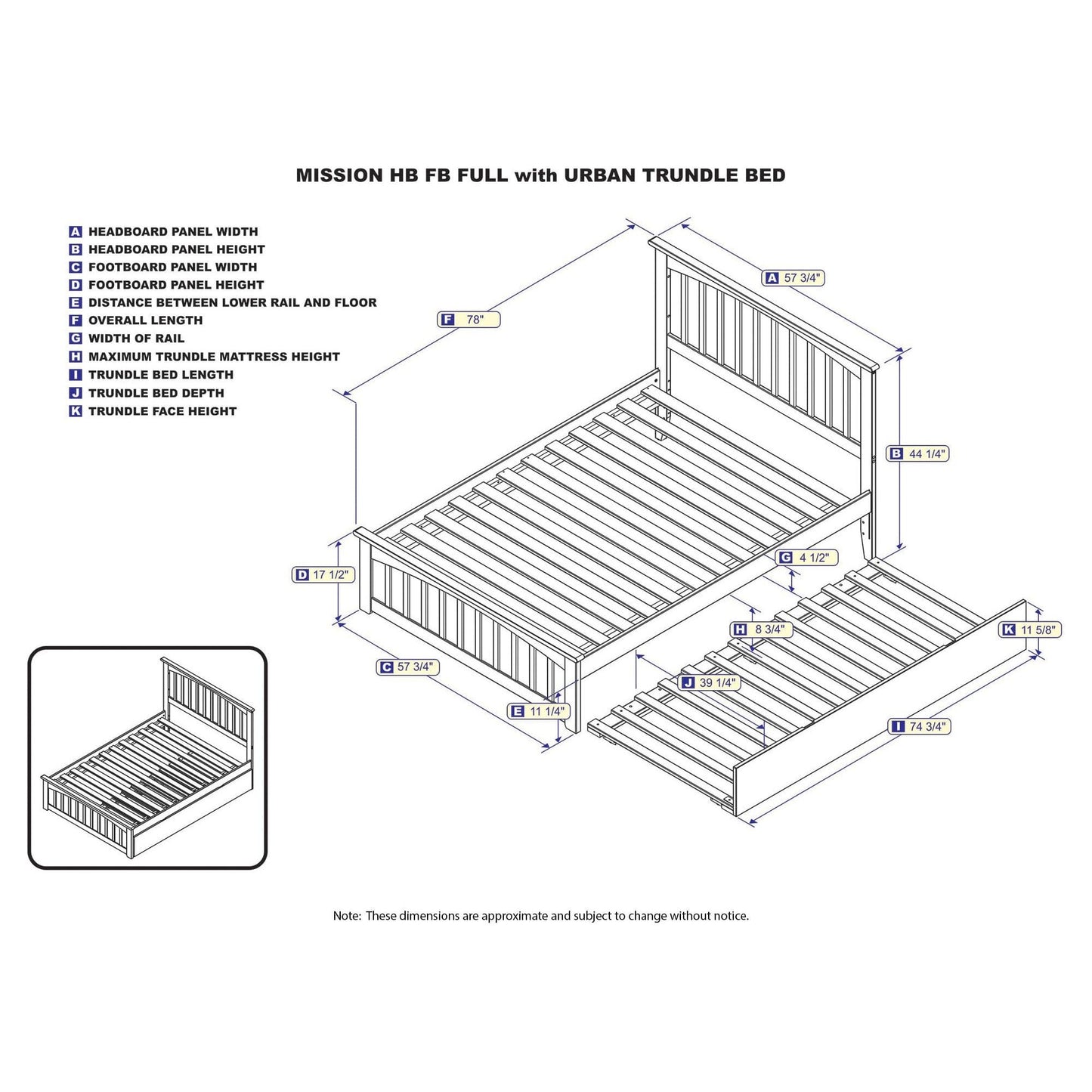 AFI Furnishings Mission Full Platform Bed with Matching Foot Board with Twin Size Urban Trundle Bed