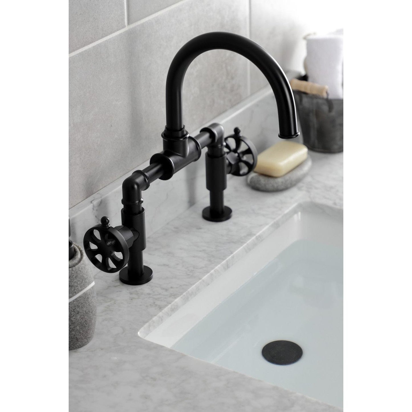 Kingston Brass Kingston Brass Belknap Industrial Style Wheel Handle Bridge Bathroom Faucet with Pop-Up Drain, Matte Black KS2170RX