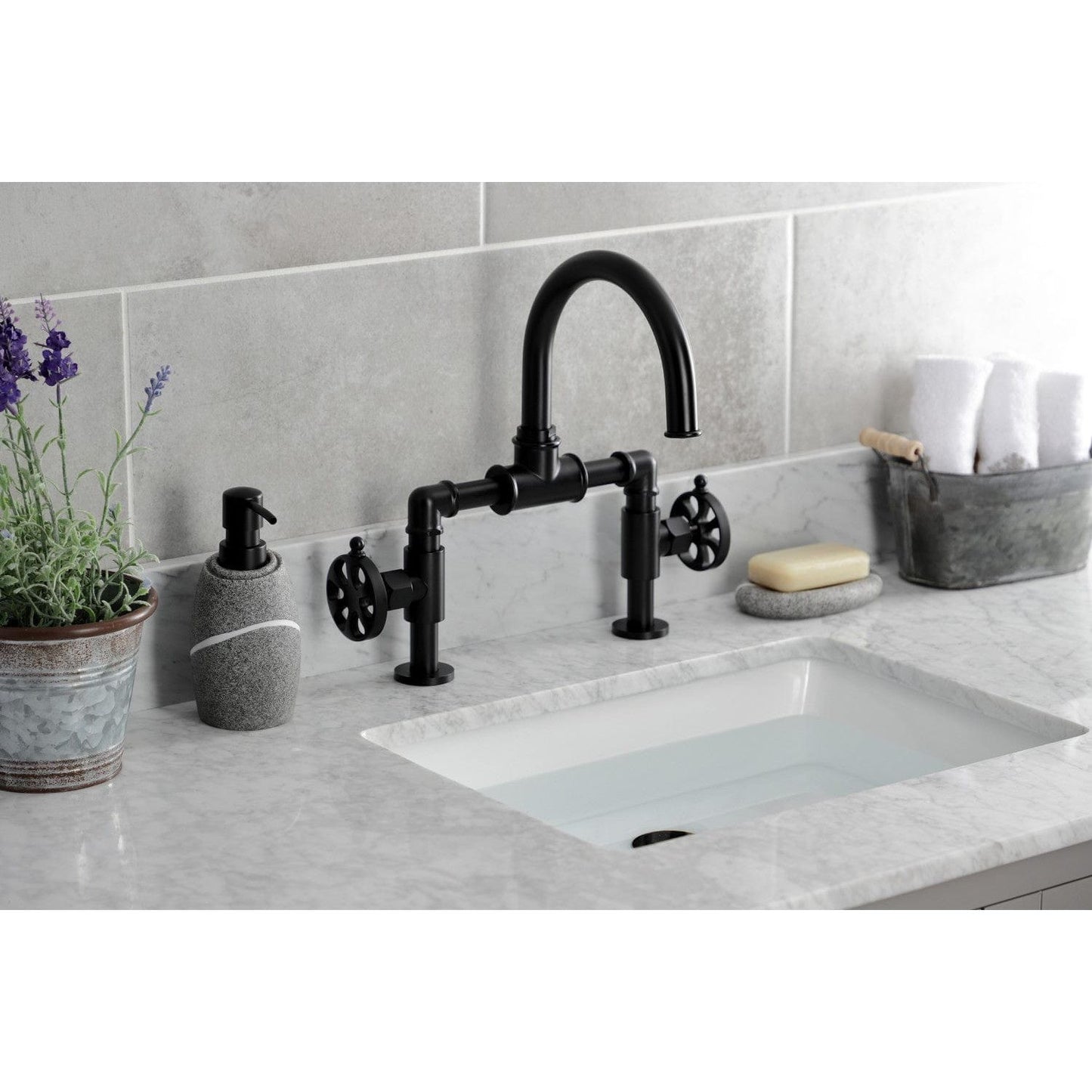 Kingston Brass Kingston Brass Belknap Industrial Style Wheel Handle Bridge Bathroom Faucet with Pop-Up Drain, Matte Black KS2170RX