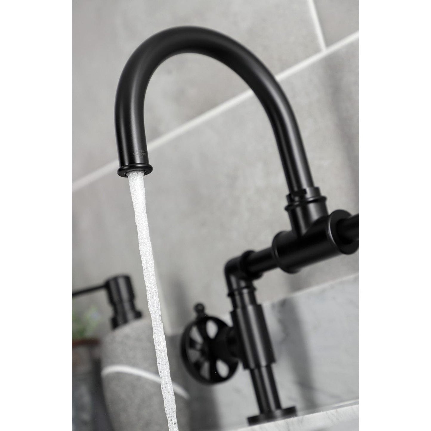 Kingston Brass Kingston Brass Belknap Industrial Style Wheel Handle Bridge Bathroom Faucet with Pop-Up Drain, Matte Black KS2170RX