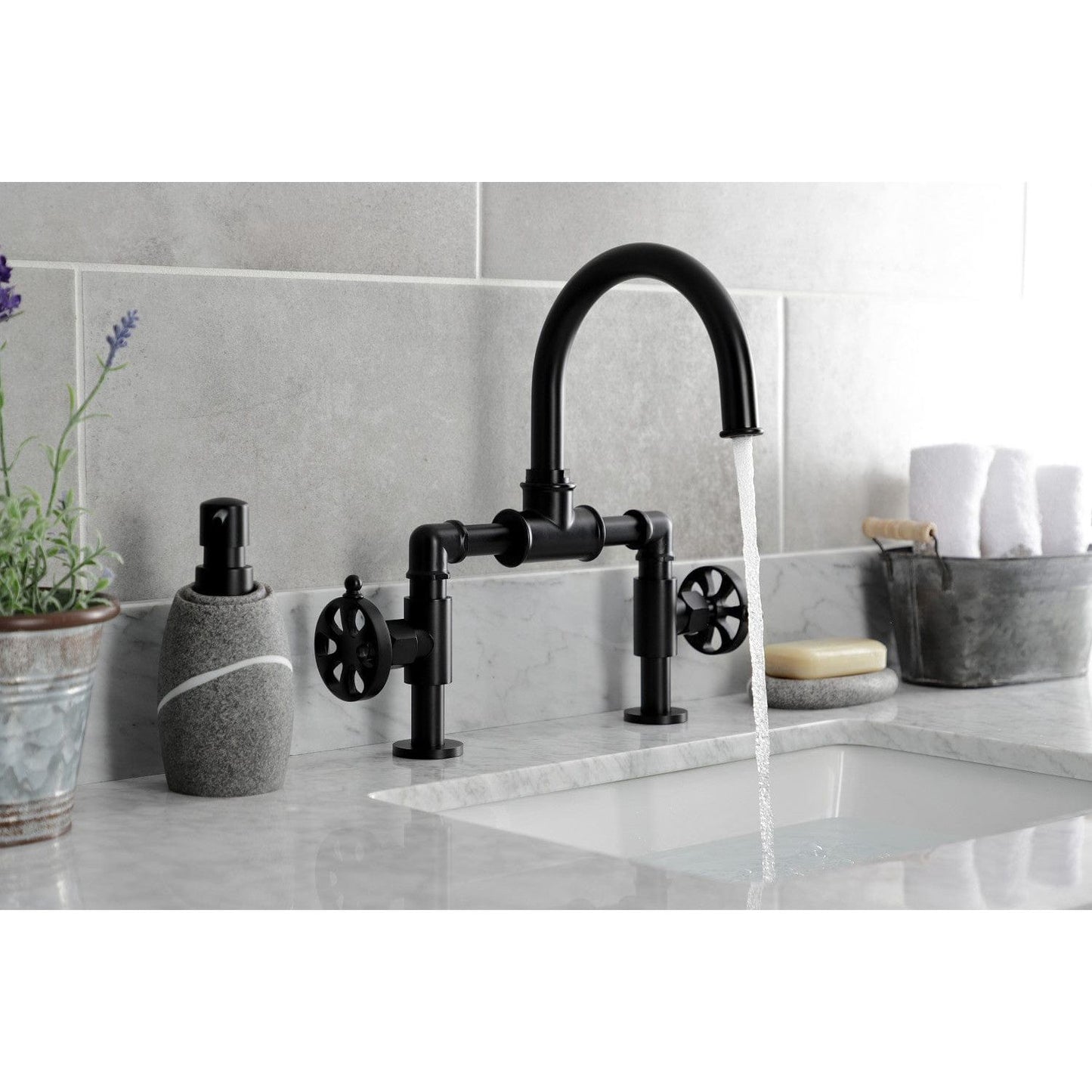 Kingston Brass Kingston Brass Belknap Industrial Style Wheel Handle Bridge Bathroom Faucet with Pop-Up Drain, Matte Black KS2170RX