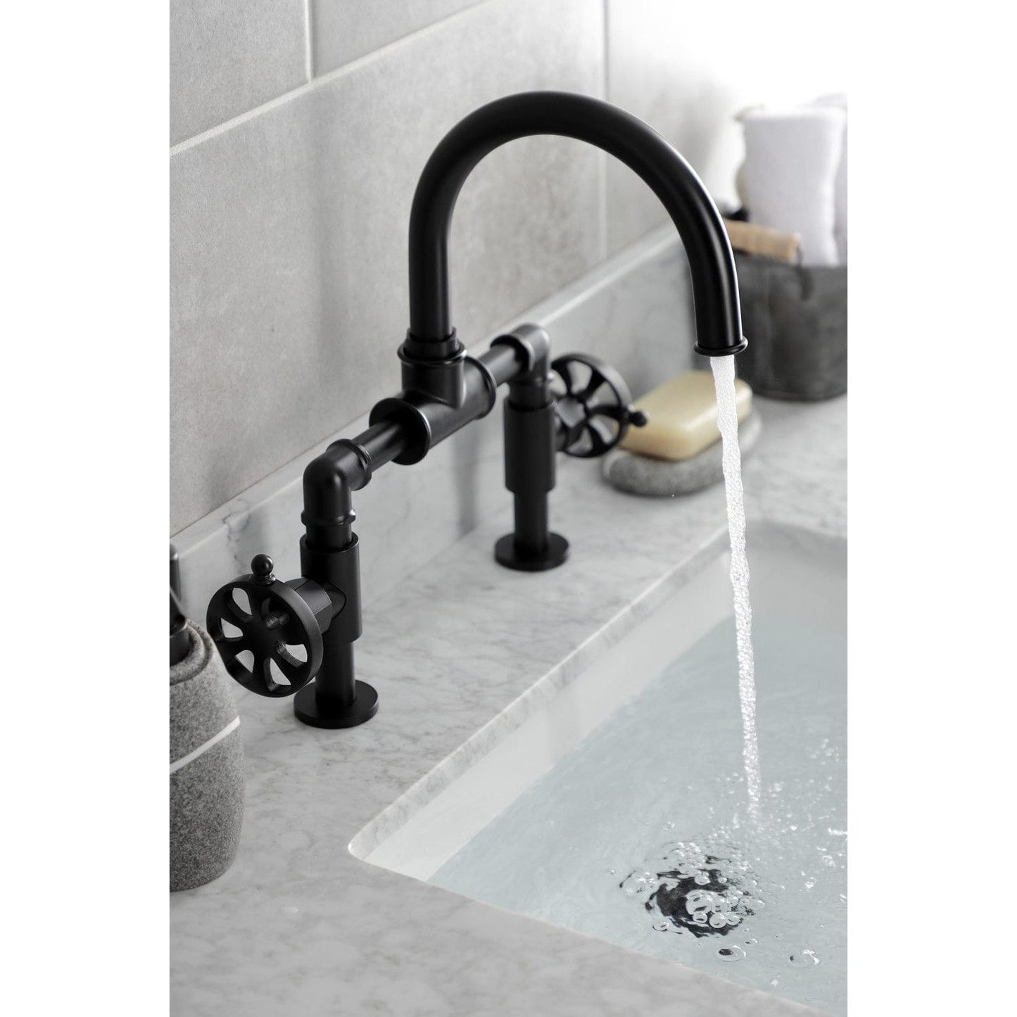 Kingston Brass Kingston Brass Belknap Industrial Style Wheel Handle Bridge Bathroom Faucet with Pop-Up Drain, Matte Black KS2170RX