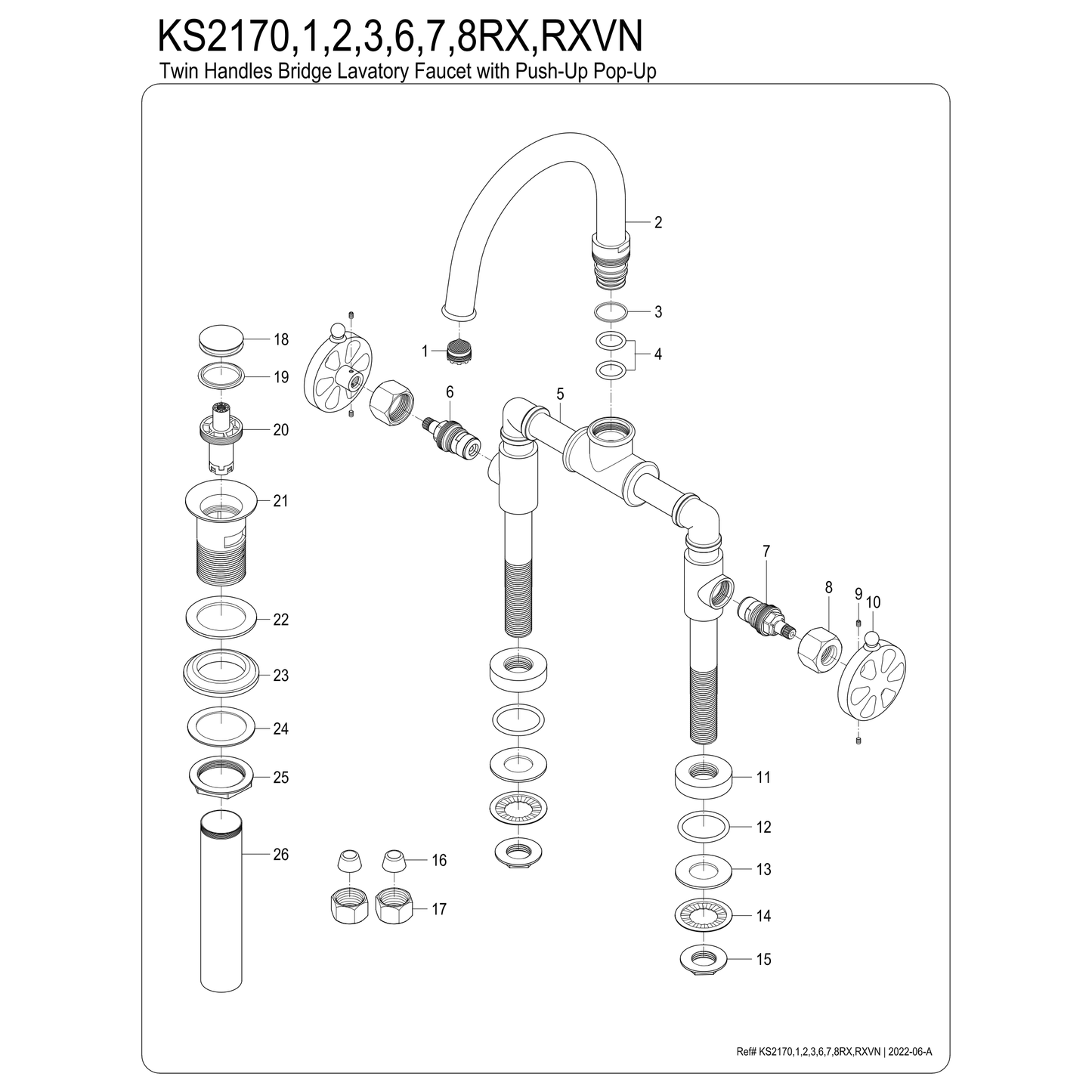 Kingston Brass Kingston Brass Belknap Industrial Style Wheel Handle Bridge Bathroom Faucet with Pop-Up Drain, Matte Black KS2170RX