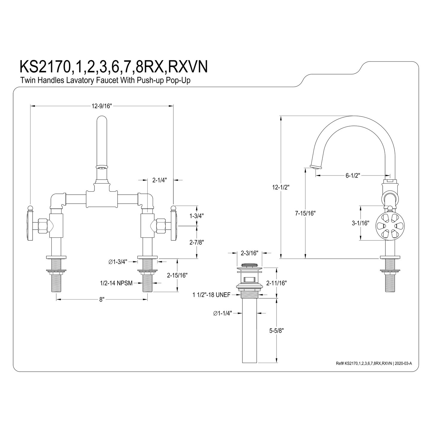 Kingston Brass Kingston Brass Belknap Industrial Style Wheel Handle Bridge Bathroom Faucet with Pop-Up Drain, Matte Black KS2170RX