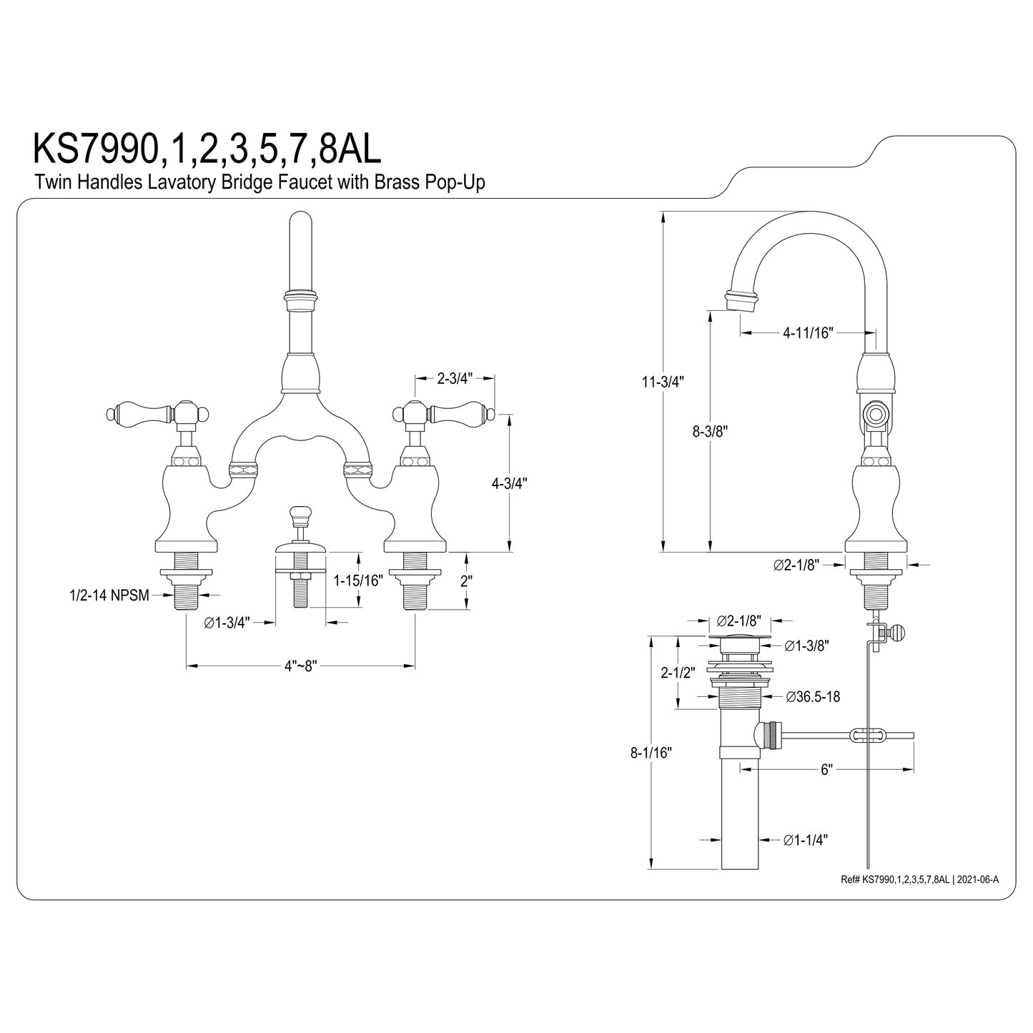 Kingston Brass Kingston Brass English Country Bridge Bathroom Faucet with Brass Pop-Up, Brushed Brass KS7997AL