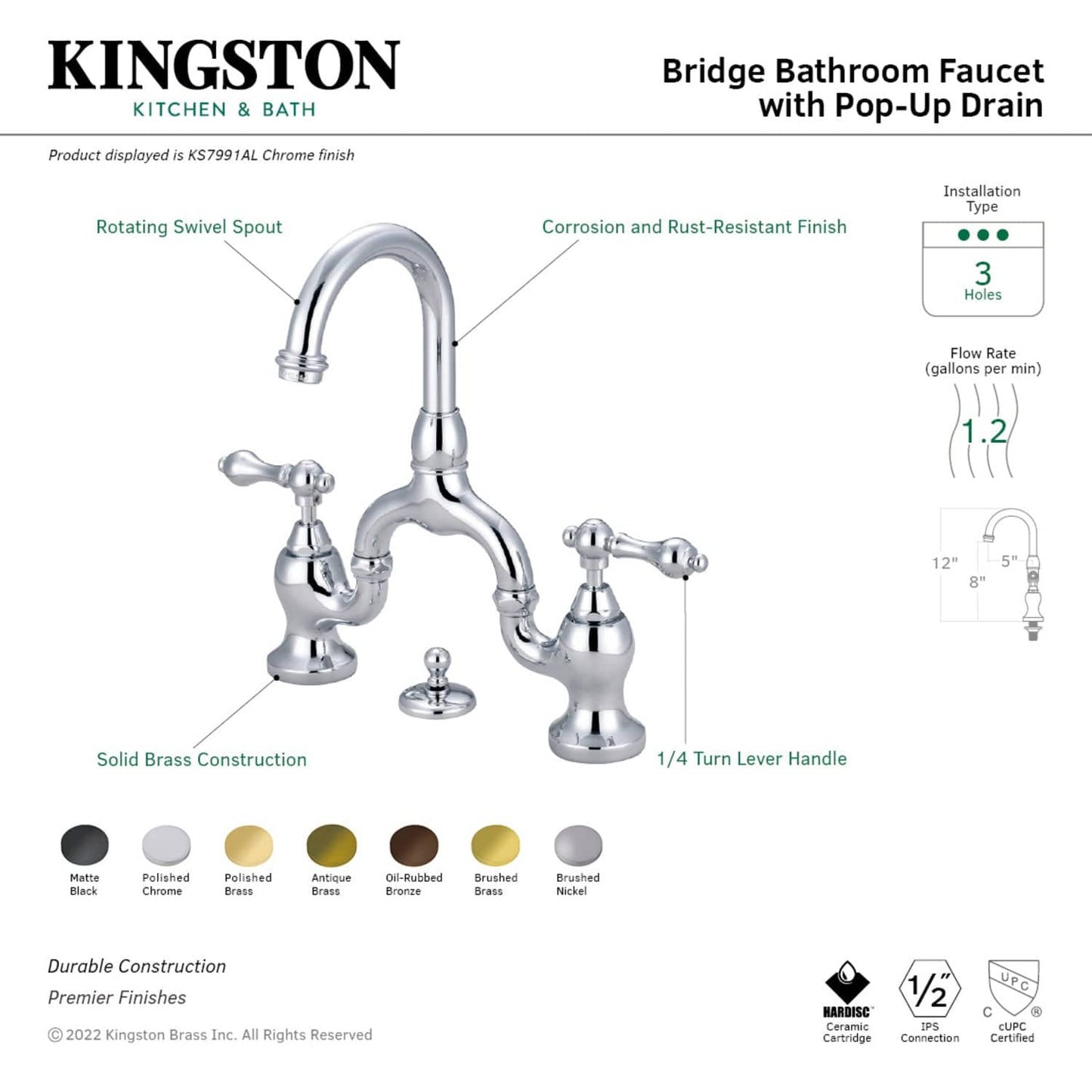 Kingston Brass Kingston Brass English Country Bridge Bathroom Faucet with Brass Pop-Up, Brushed Nickel KS7998AL