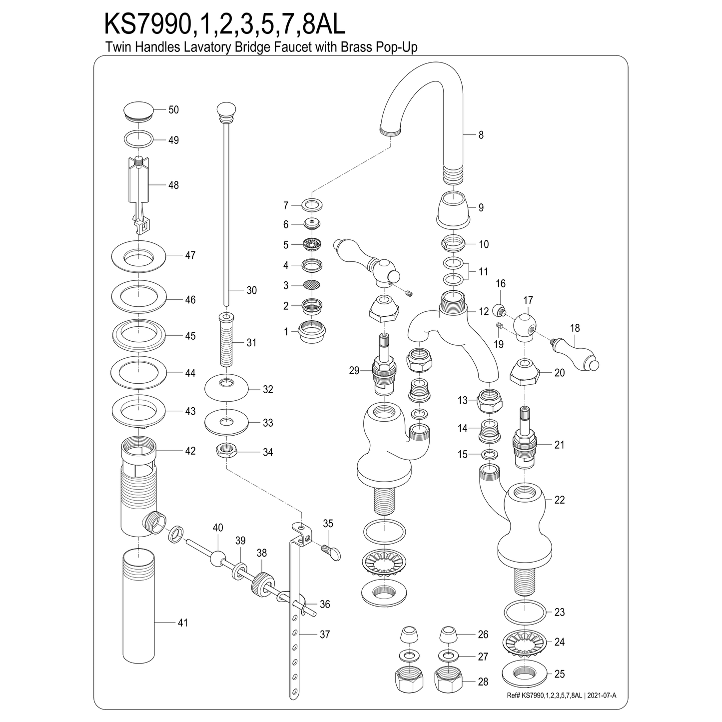 Kingston Brass Kingston Brass English Country Bridge Bathroom Faucet with Brass Pop-Up, Brushed Nickel KS7998AL