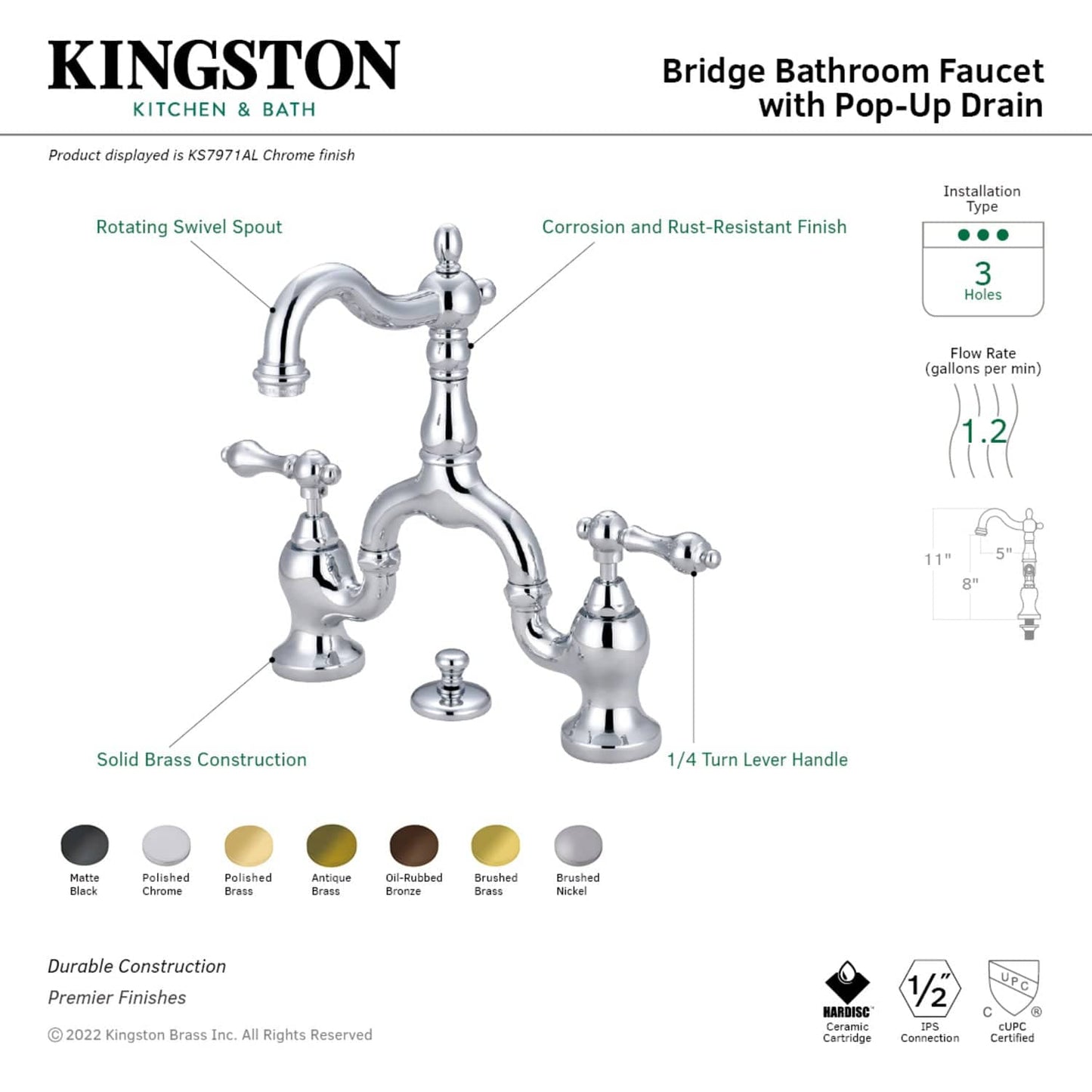 Kingston Brass Kingston Brass English Country Bridge Bathroom Faucet with Brass Pop-Up, Oil Rubbed Bronze KS7975AL