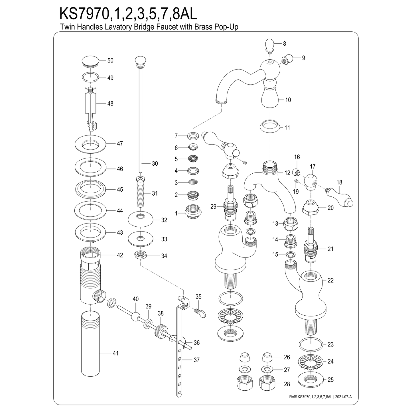 Kingston Brass Kingston Brass English Country Bridge Bathroom Faucet with Brass Pop-Up, Polished Chrome KS7971AL