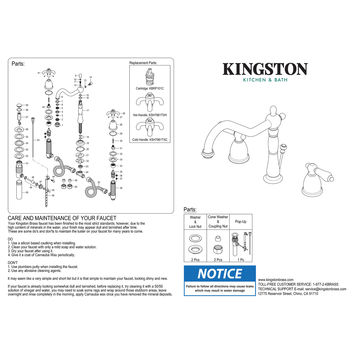 Kingston Brass Kingston Brass KB1970TX French Country Widespread Bathroom Faucet with Brass Pop-Up