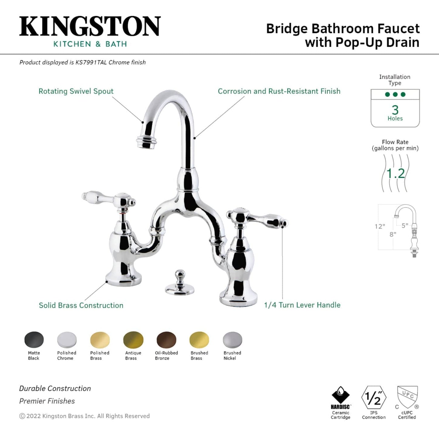 Kingston Brass Kingston Brass Tudor Bridge Bathroom Faucet with Brass Pop-Up, Antique Brass KS7993TAL