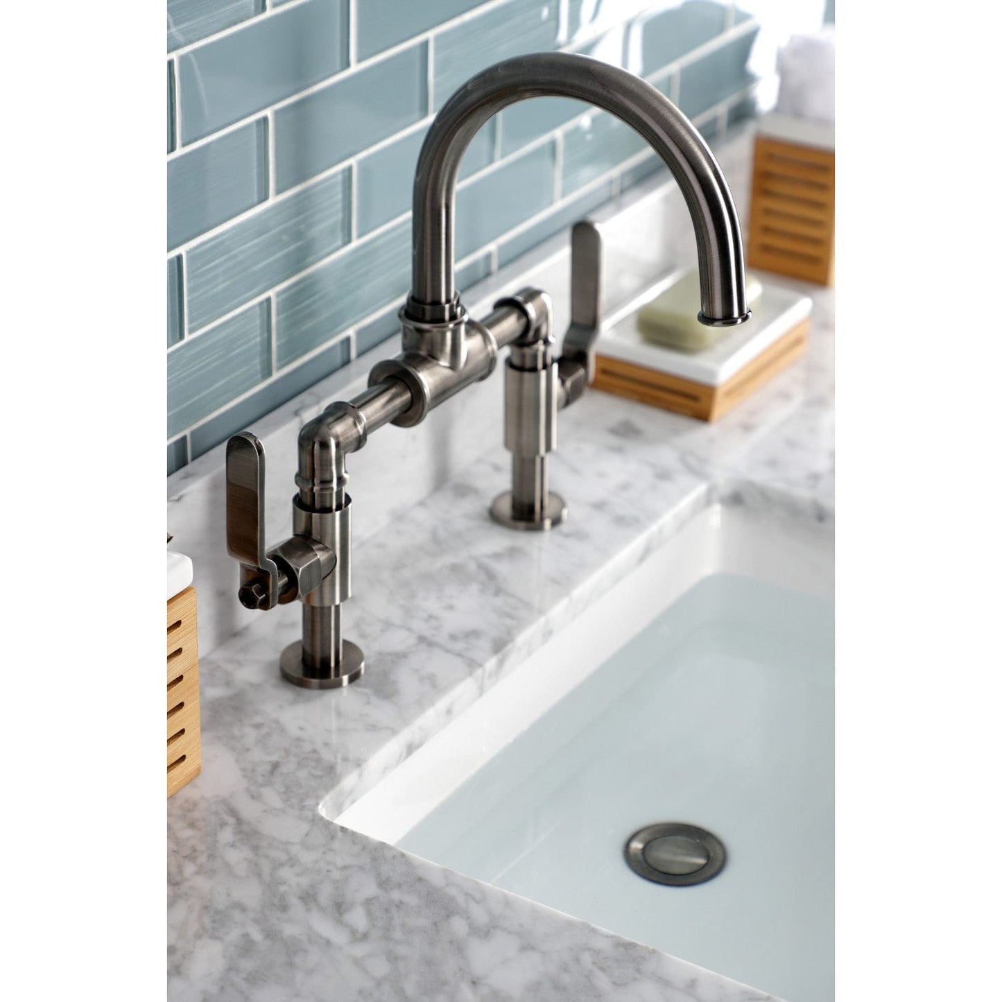 Kingston Brass Kingston Brass Whitaker Industrial Style Bridge Bathroom Faucet with Pop-Up Drain, Black Stainless KS217KLVN