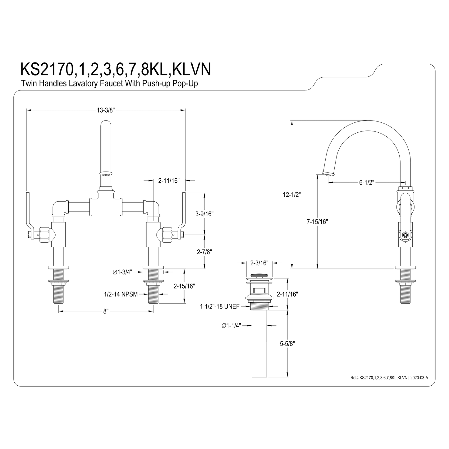 Kingston Brass Kingston Brass Whitaker Industrial Style Bridge Bathroom Faucet with Pop-Up Drain, Black Stainless KS217KLVN