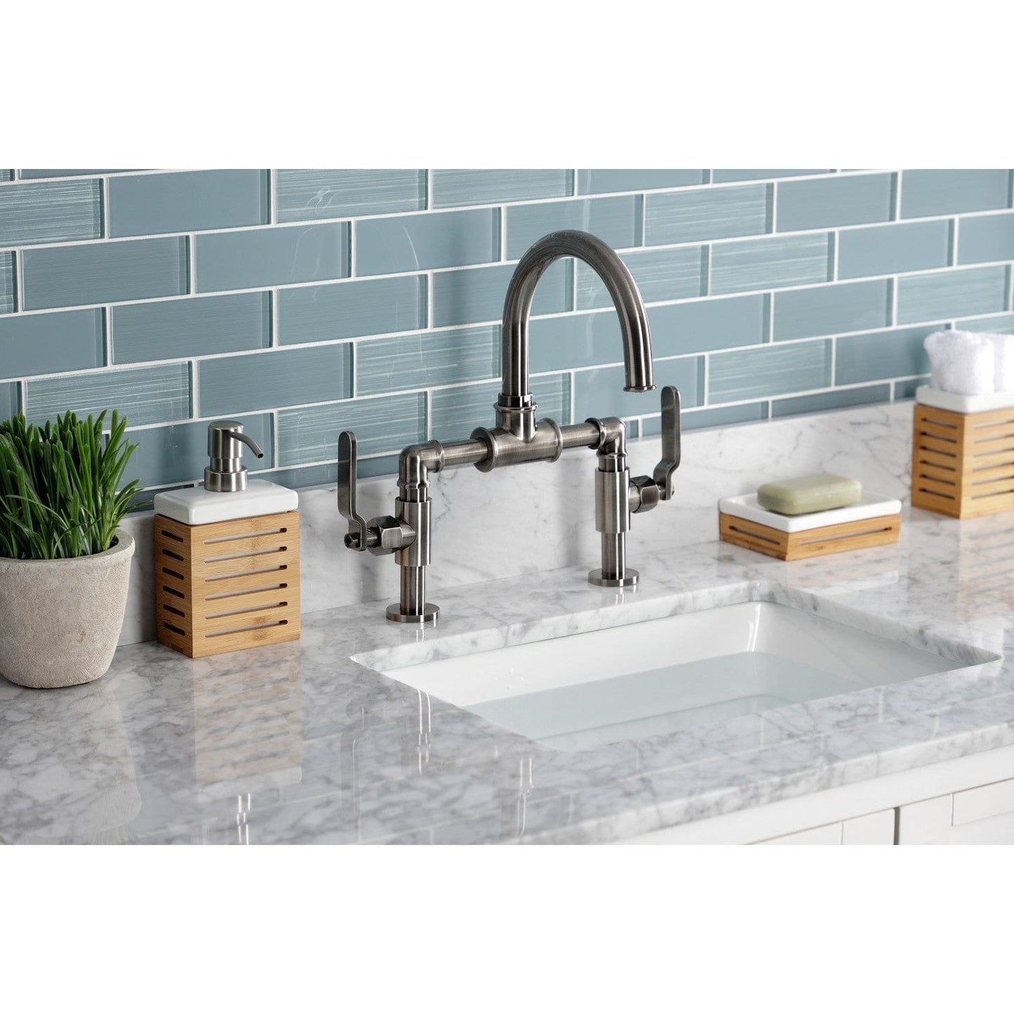 Kingston Brass Kingston Brass Whitaker Industrial Style Bridge Bathroom Faucet with Pop-Up Drain, Black Stainless KS217KLVN