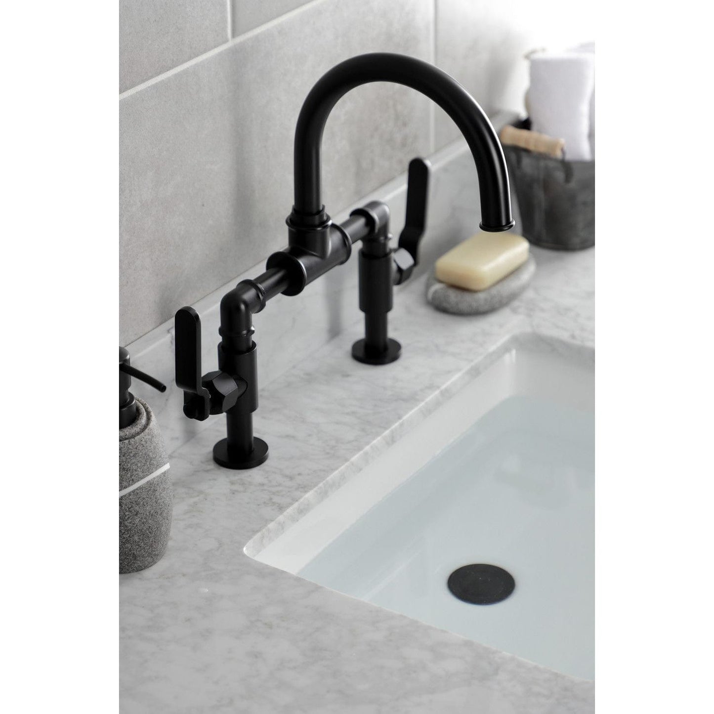 Kingston Brass Kingston Brass Whitaker Industrial Style Bridge Bathroom Faucet with Pop-Up Drain, Matte Black KS2170KL