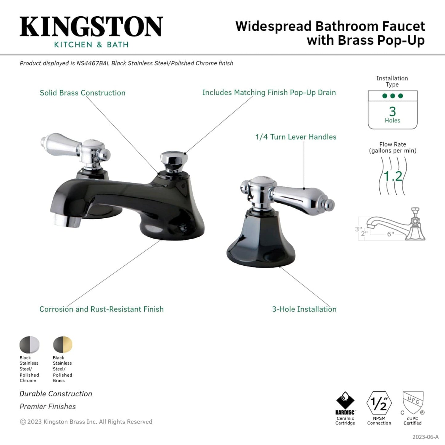 Kingston Brass Kingston Brass Widespread Bathroom Faucet, Black Stainless Steel/Polished Brass NS4469BAL