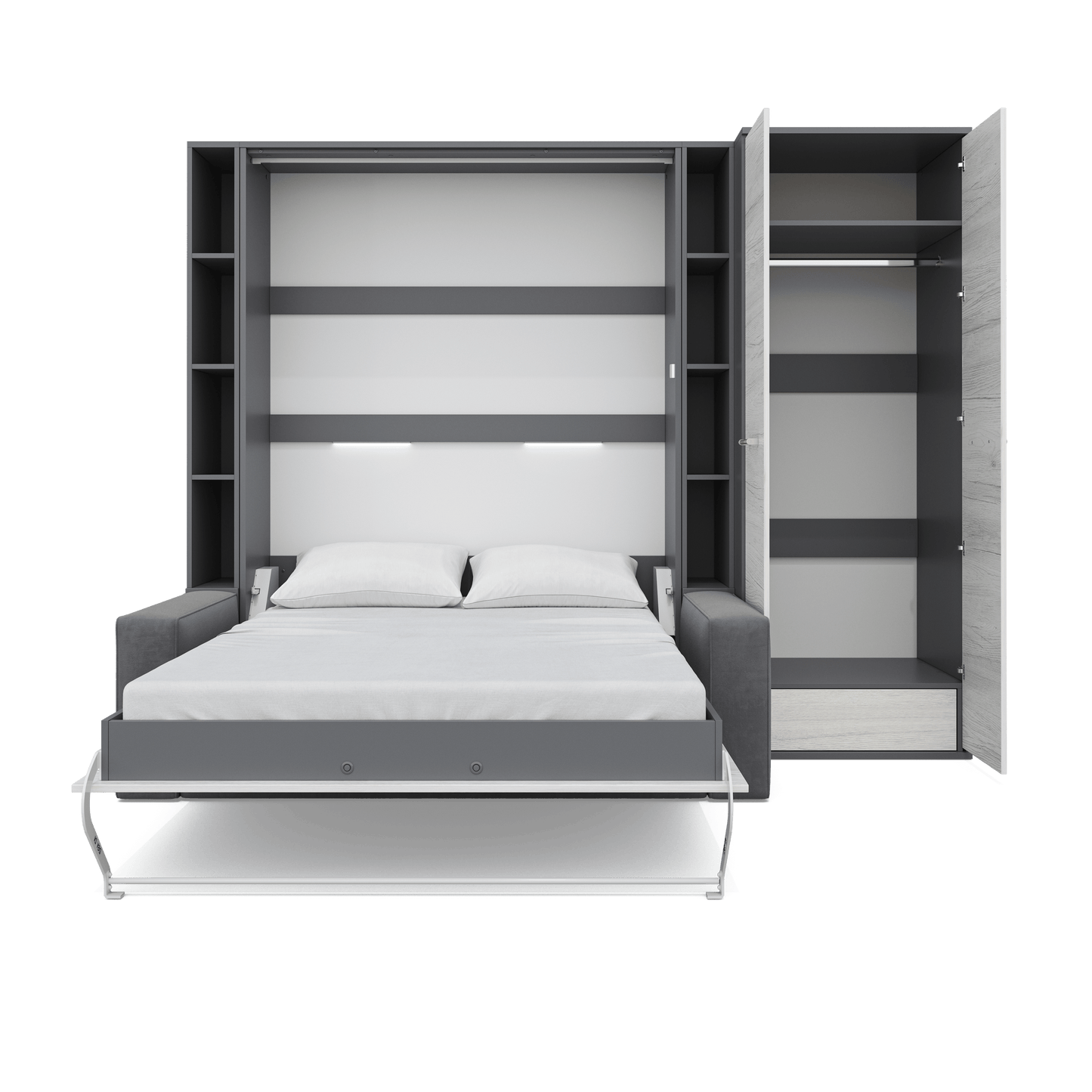 Maxima House Vertical FULL size Murphy Bed Invento with a Sofa, two Cabinets and Wardrobe