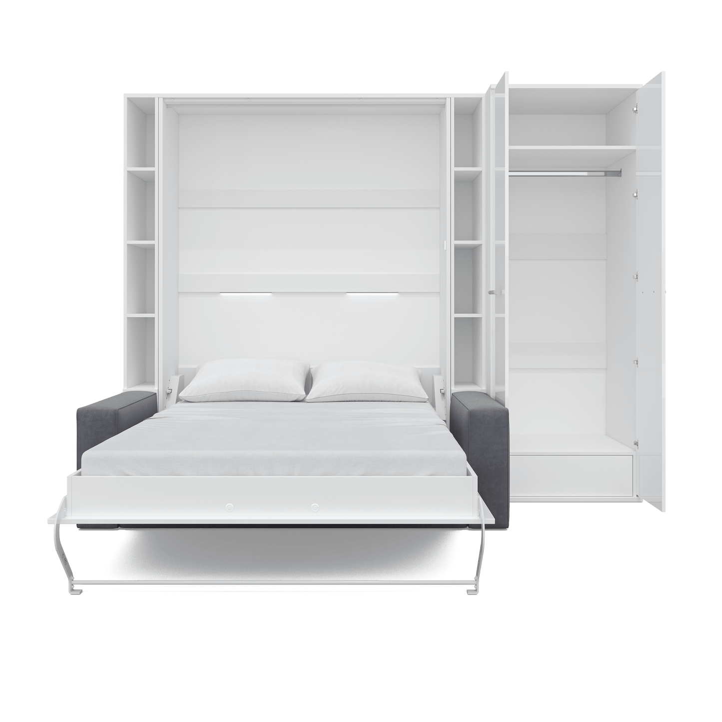 Maxima House Vertical FULL size Murphy Bed Invento with a Sofa, two Cabinets and Wardrobe