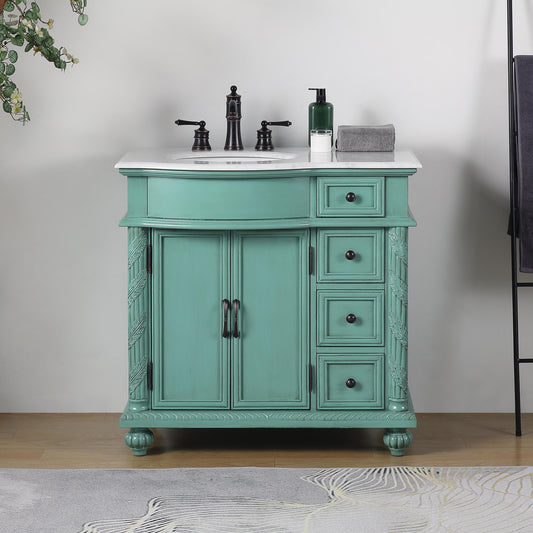 Silkroad Exclusive Silkroad Exclusive 36” Left Single Sink Green Bathroom Vanity with White Marble Top V0213NW36L