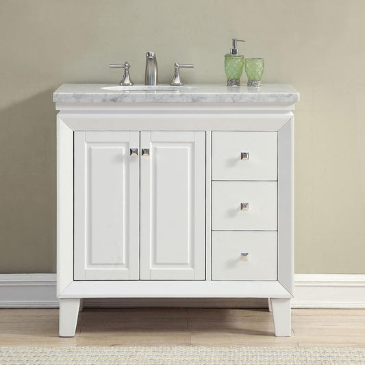 Silkroad Exclusive Silkroad Exclusive 36" Single Left Sink Carrara White Marble Top White Vanity V0320WW36L