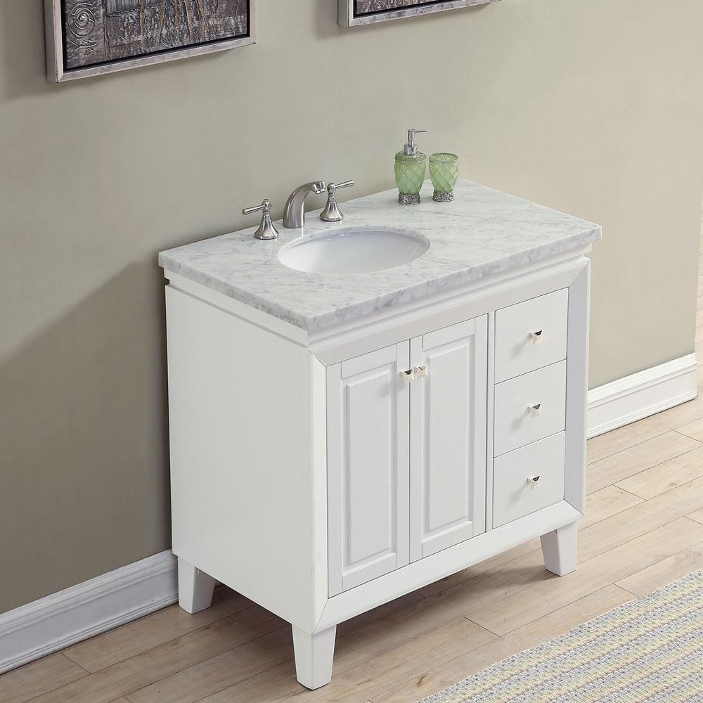 Silkroad Exclusive Silkroad Exclusive 36" Single Left Sink Carrara White Marble Top White Vanity V0320WW36L