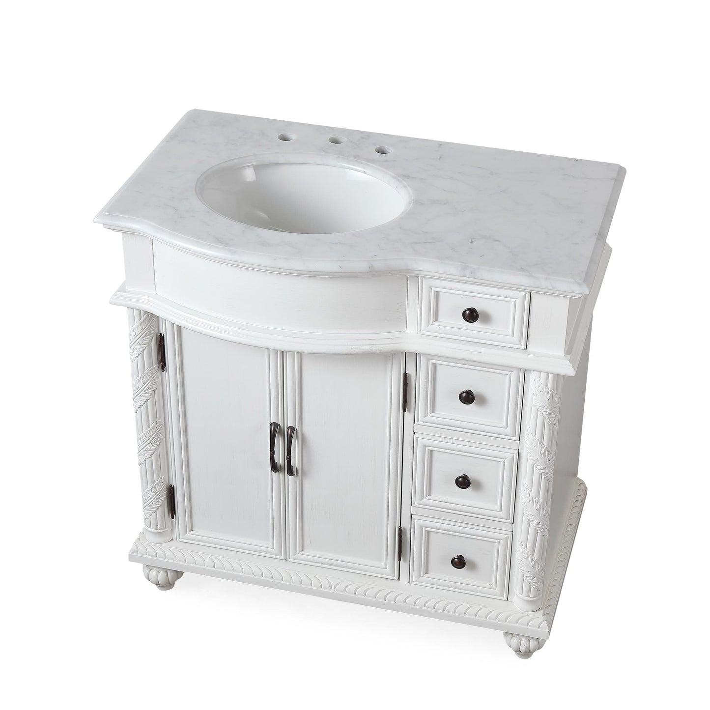 Silkroad Exclusive Silkroad Exclusive 36” Single Left Sink White Bathroom Vanity with White Marble Top V0213WW36L