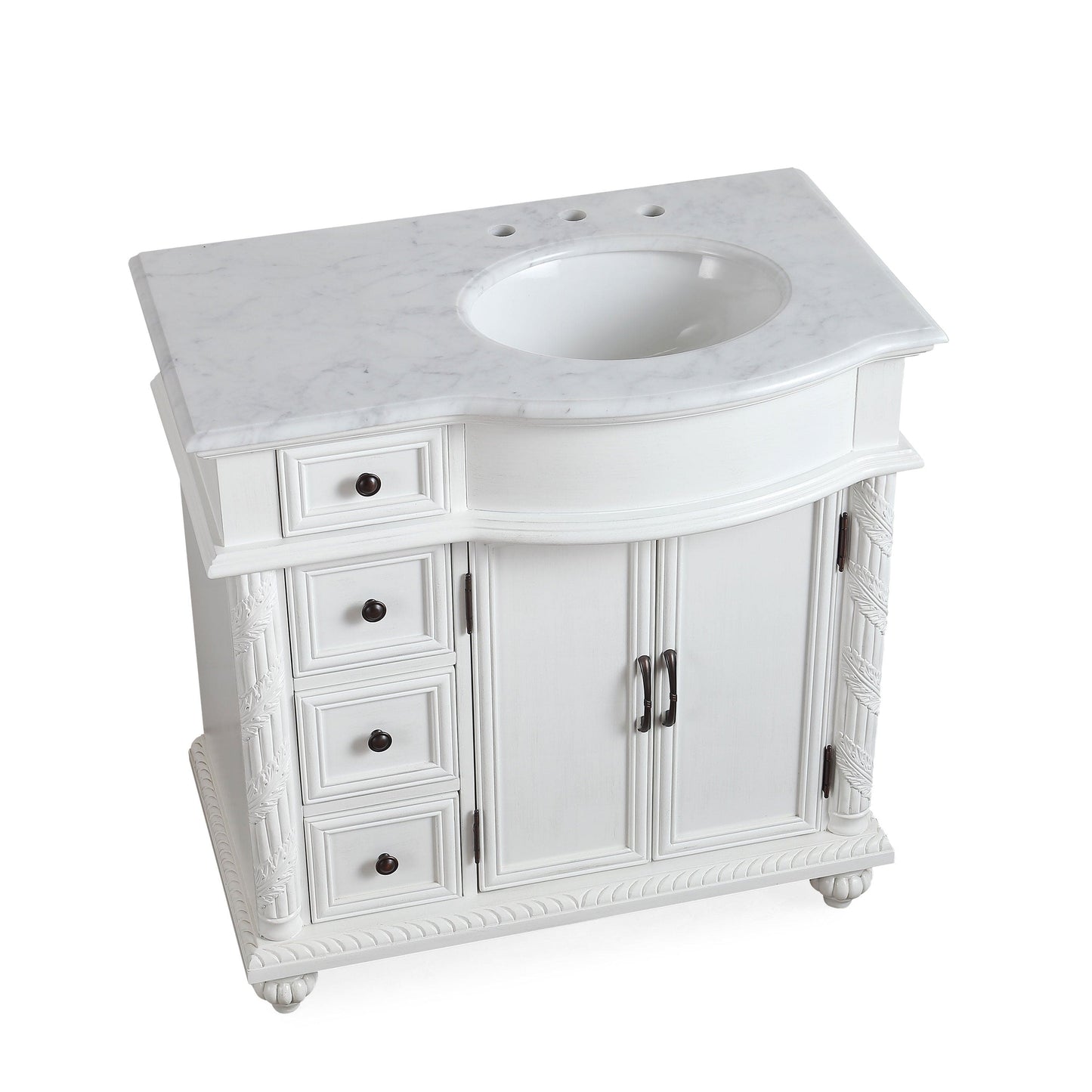 Silkroad Exclusive Silkroad Exclusive 36” Single Right Sink White Bathroom Vanity with White Marble Top V0213WW36R