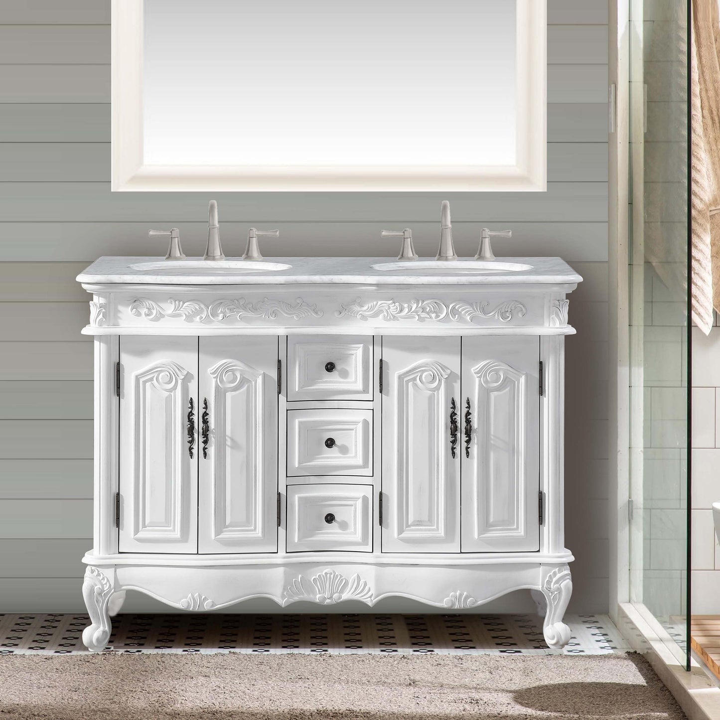 Silkroad Exclusive Silkroad Exclusive 48" Double Sink Cabinet with Carrara White Top HYP-0145-WM-UWC-48