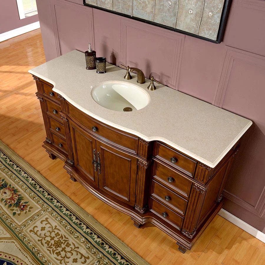 Silkroad Exclusive Silkroad Exclusive 60” Single Sink Vanity with Crema Marfil Marble Countertop HYP-0277-CM-UWC-60