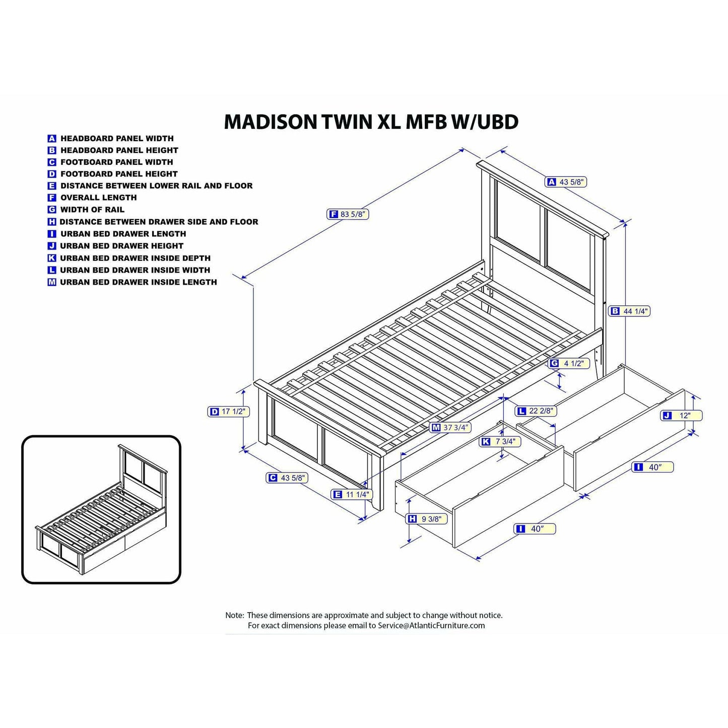 Atlantic Furniture Bed Madison Twin XL Platform Bed with Matching Foot Board with 2 Urban Bed Drawers in Espresso