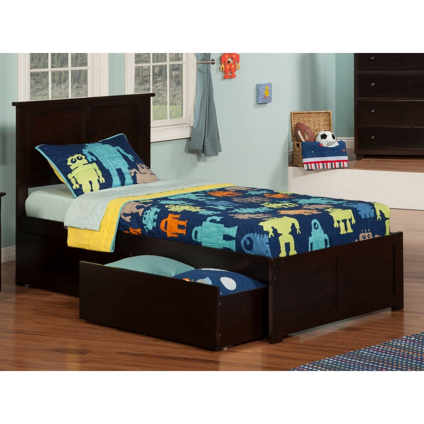 Atlantic Furniture Bed Madison Twin Platform Bed with Flat Panel Foot Board and 2 Urban Bed Drawers in Espresso