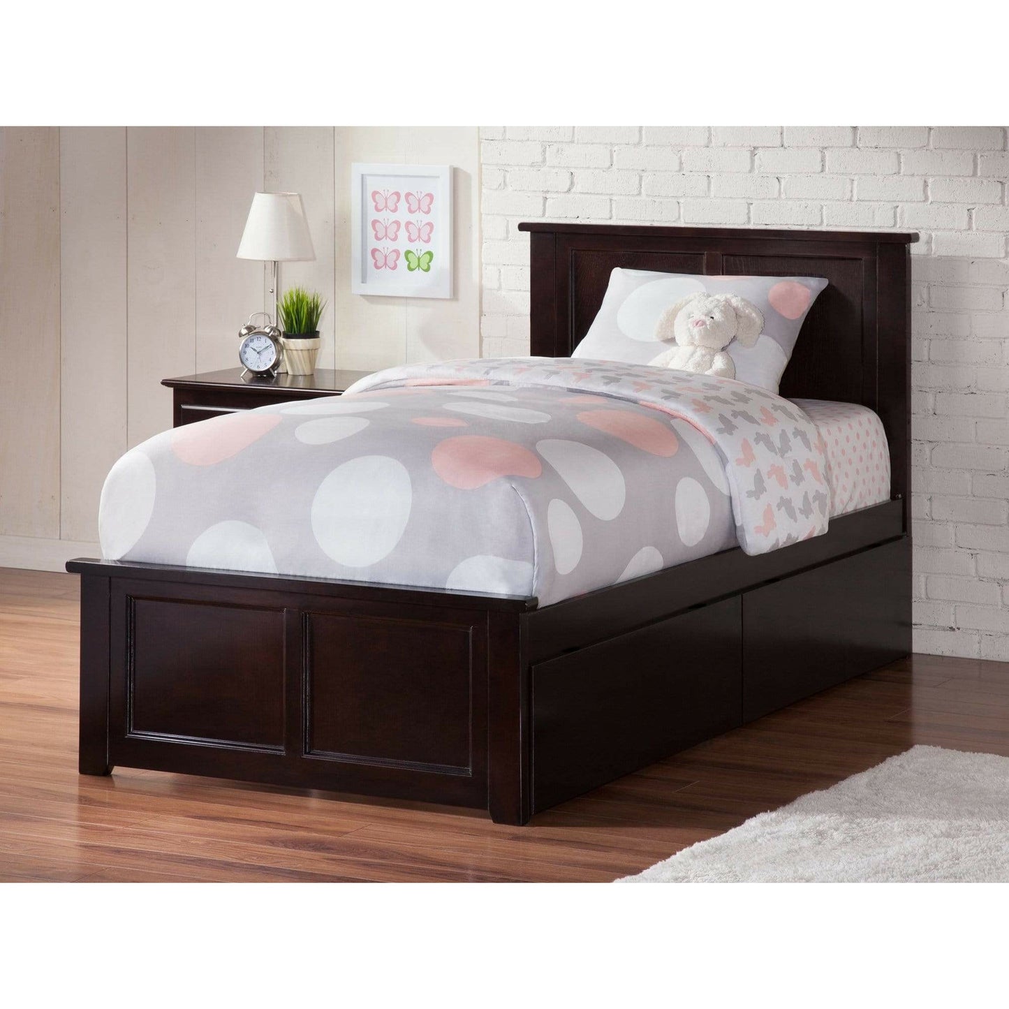 Atlantic Furniture Bed Madison Twin Platform Bed with Matching Foot Board with 2 Urban Bed Drawers in Espresso