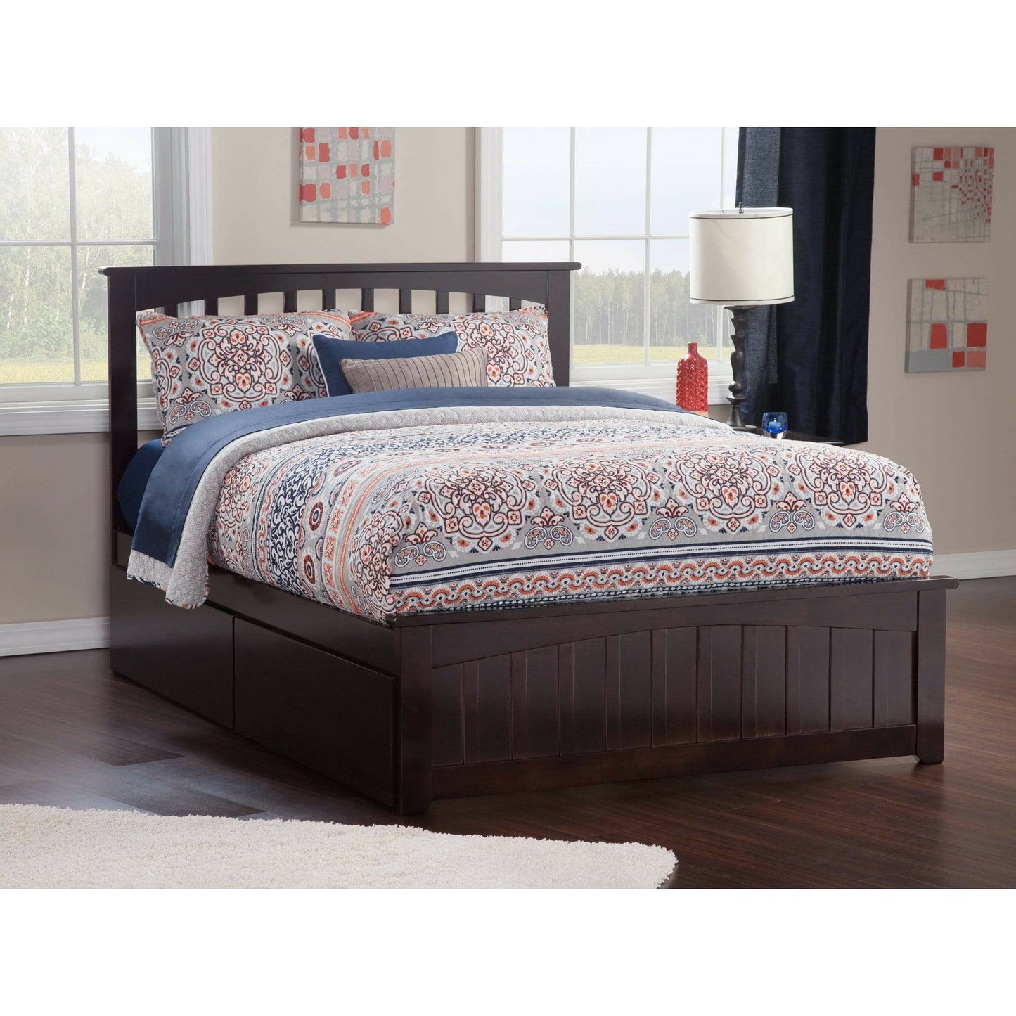 Atlantic Furniture Bed Mission Full Platform Bed with Matching Foot Board with 2 Urban Bed Drawers in Espresso