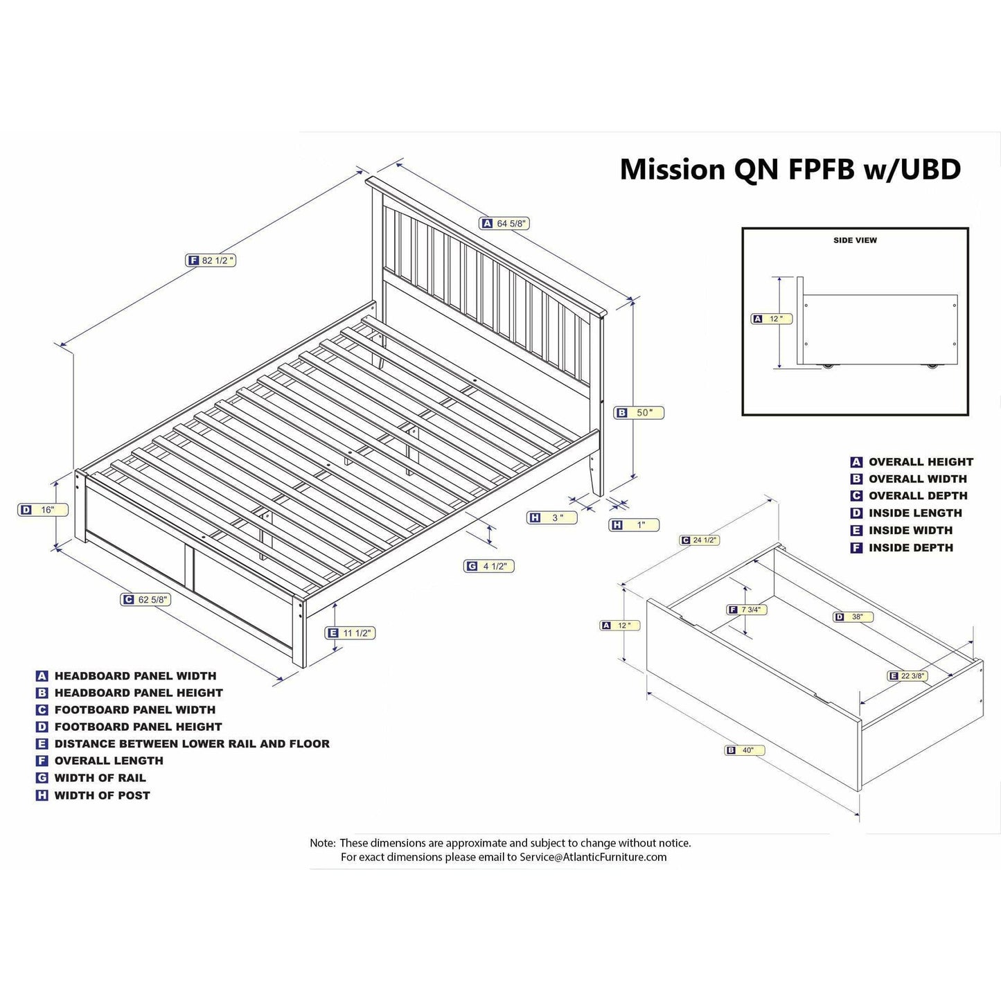 Atlantic Furniture Bed Mission Queen Platform Bed with Flat Panel Foot Board and 2 Urban Bed Drawers in Espresso