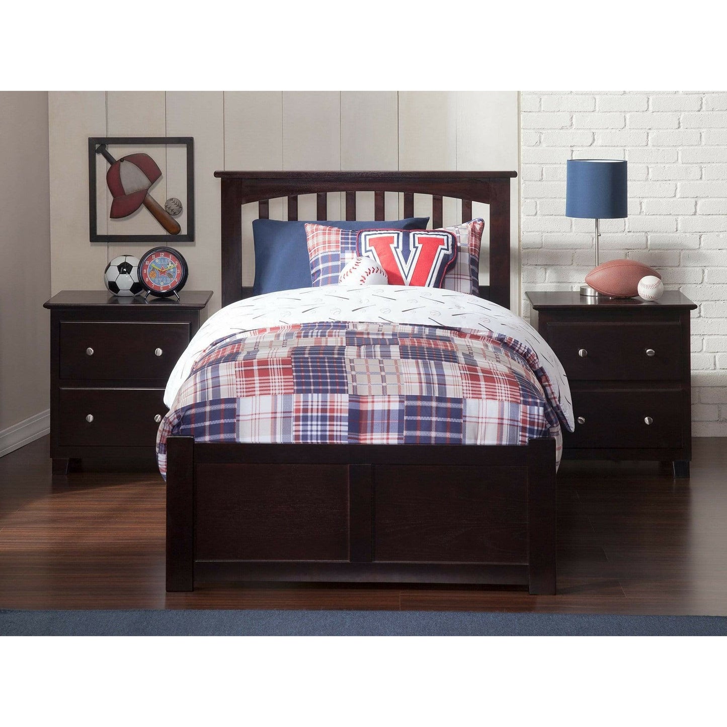 Atlantic Furniture Bed Mission Twin Platform Bed with Flat Panel Foot Board and 2 Urban Bed Drawers in Espresso