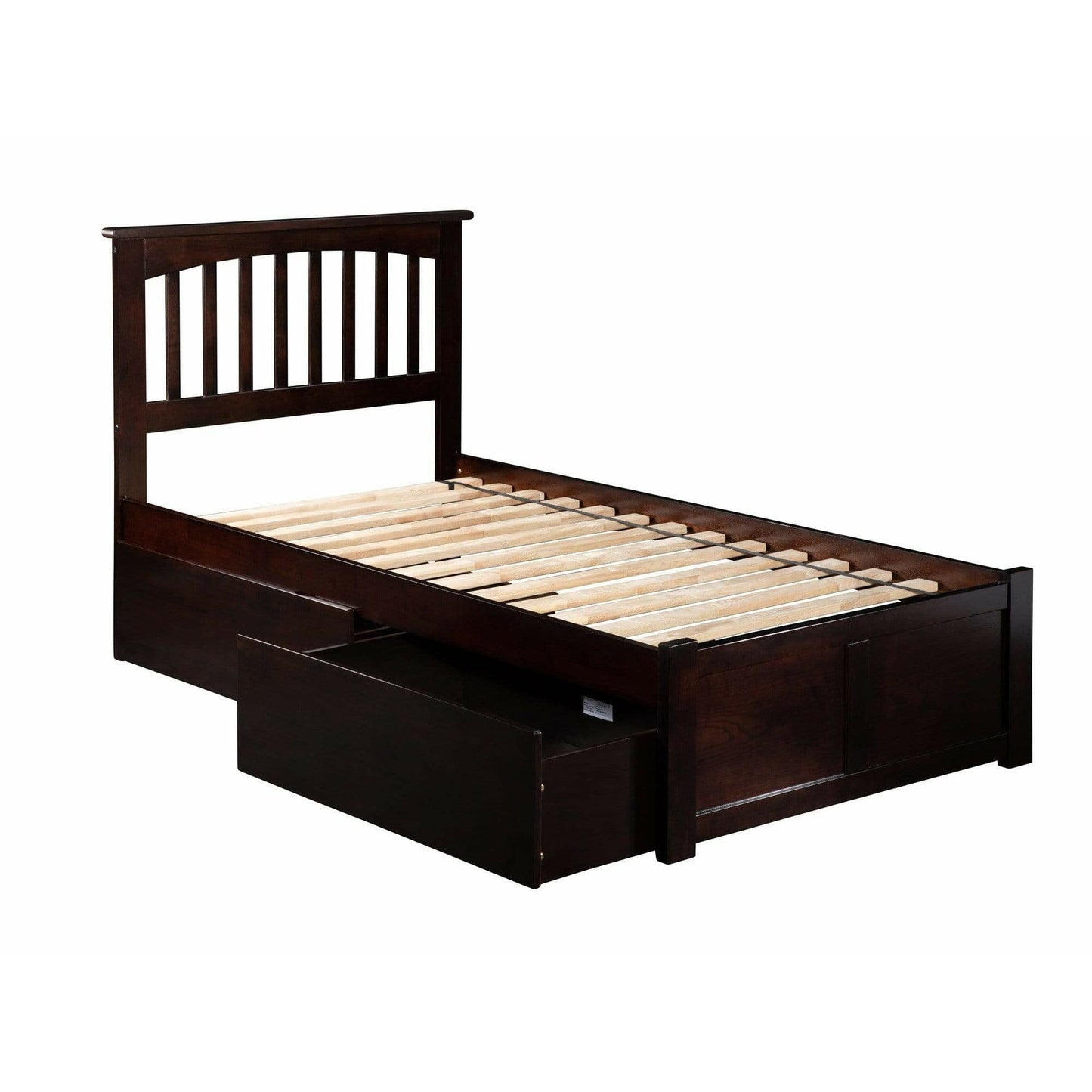 Atlantic Furniture Bed Mission Twin Platform Bed with Flat Panel Foot Board and 2 Urban Bed Drawers in Espresso