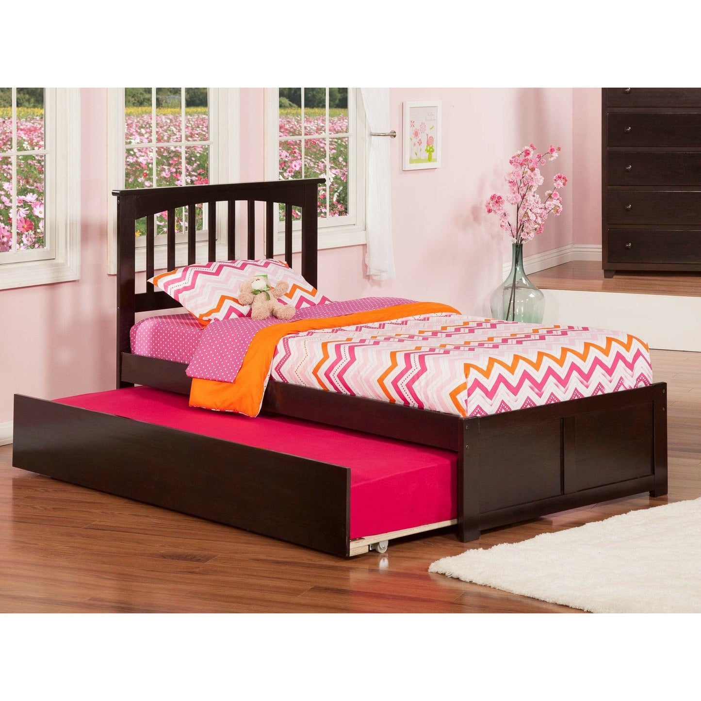 Atlantic Furniture Bed Mission Twin Platform Bed with Flat Panel Foot Board and Twin Size Urban Trundle Bed in Espresso