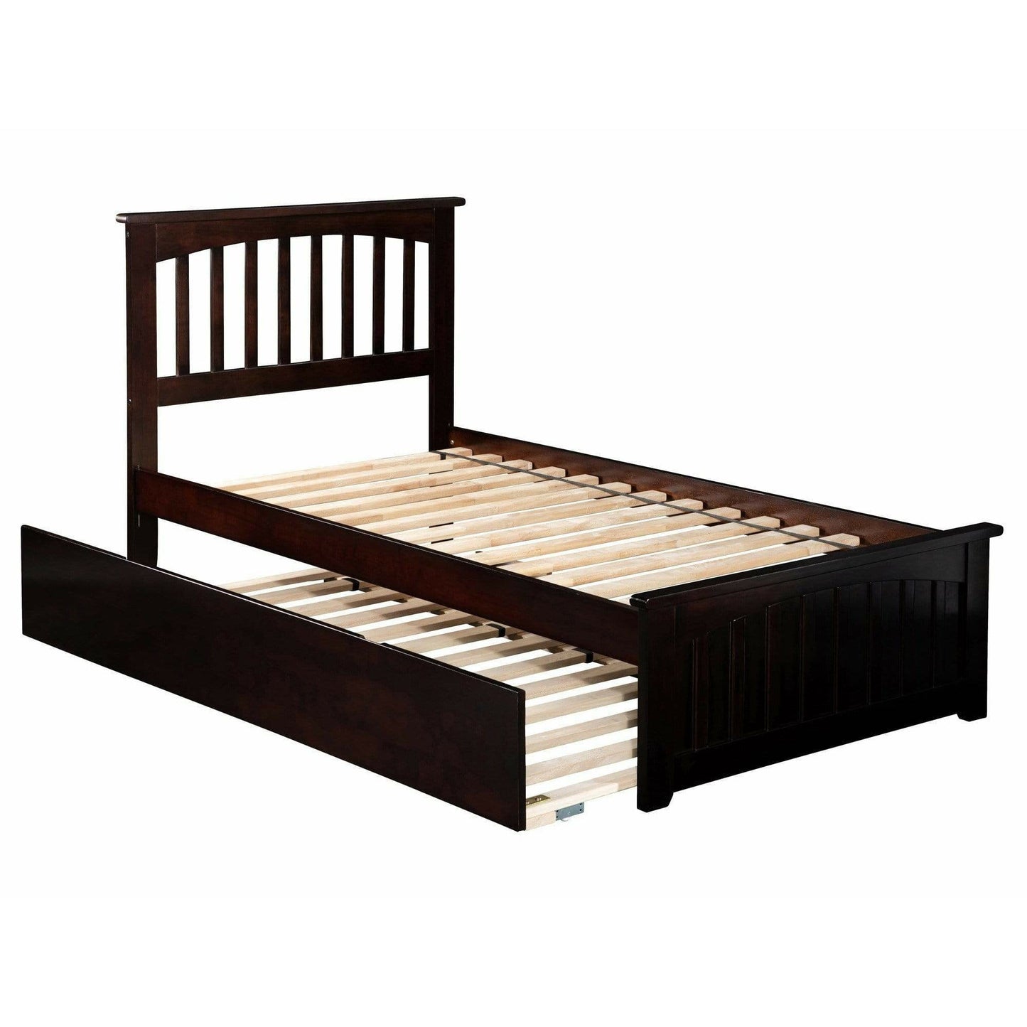 Atlantic Furniture Bed Mission Twin Platform Bed with Matching Foot Board with Twin Size Urban Trundle Bed in Espresso