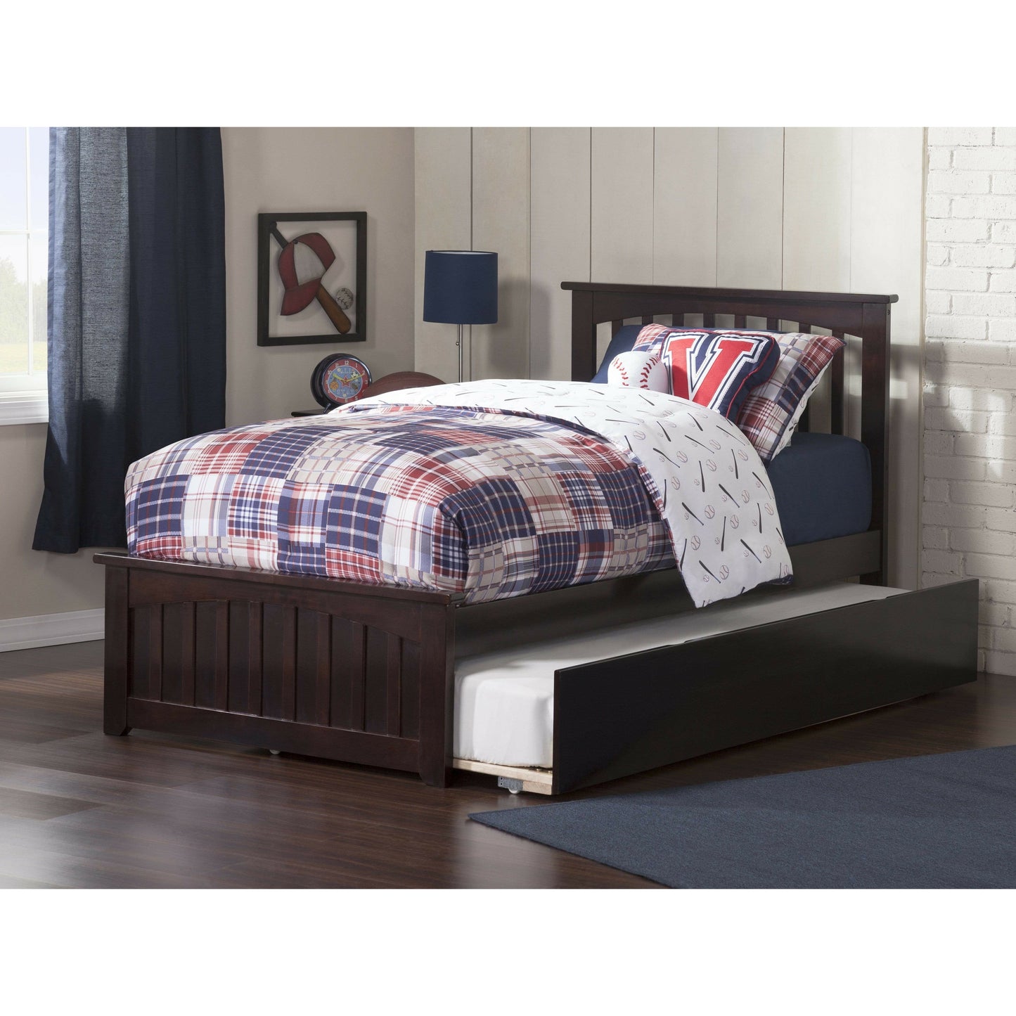 Atlantic Furniture Bed Mission Twin Platform Bed with Matching Foot Board with Twin Size Urban Trundle Bed in Espresso