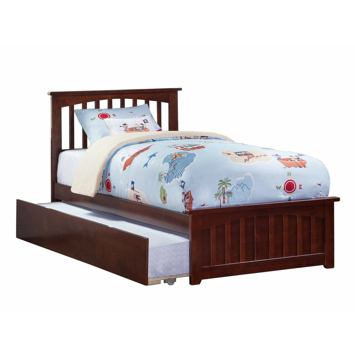 Atlantic Furniture Bed Mission Twin Platform Bed with Matching Foot Board with Twin Size Urban Trundle Bed in Espresso