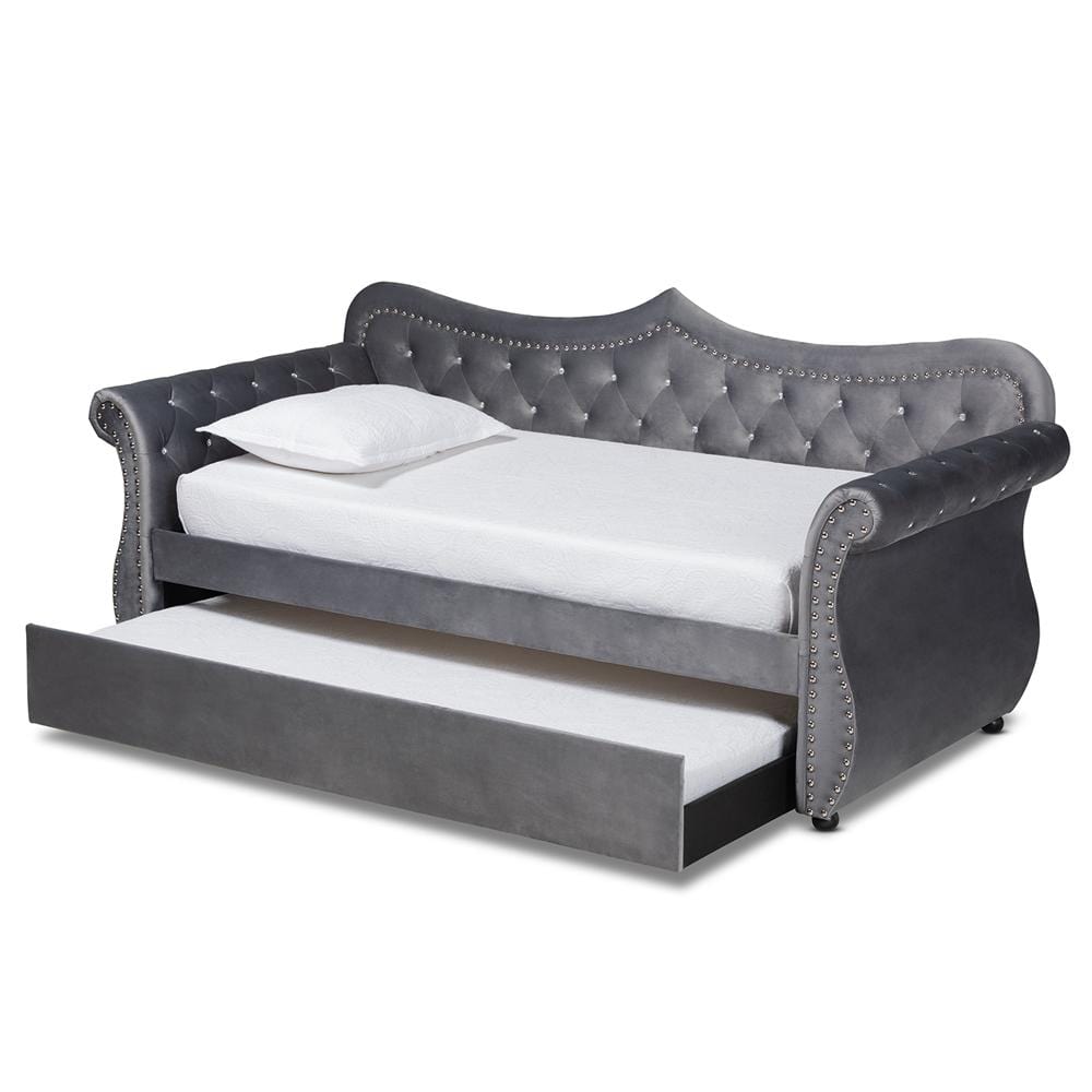 Baxton Studios Daybed Baxton Studio Abbie Traditional and Transitional Velvet Fabric Upholstered and Crystal Tufted Daybed with Trundle