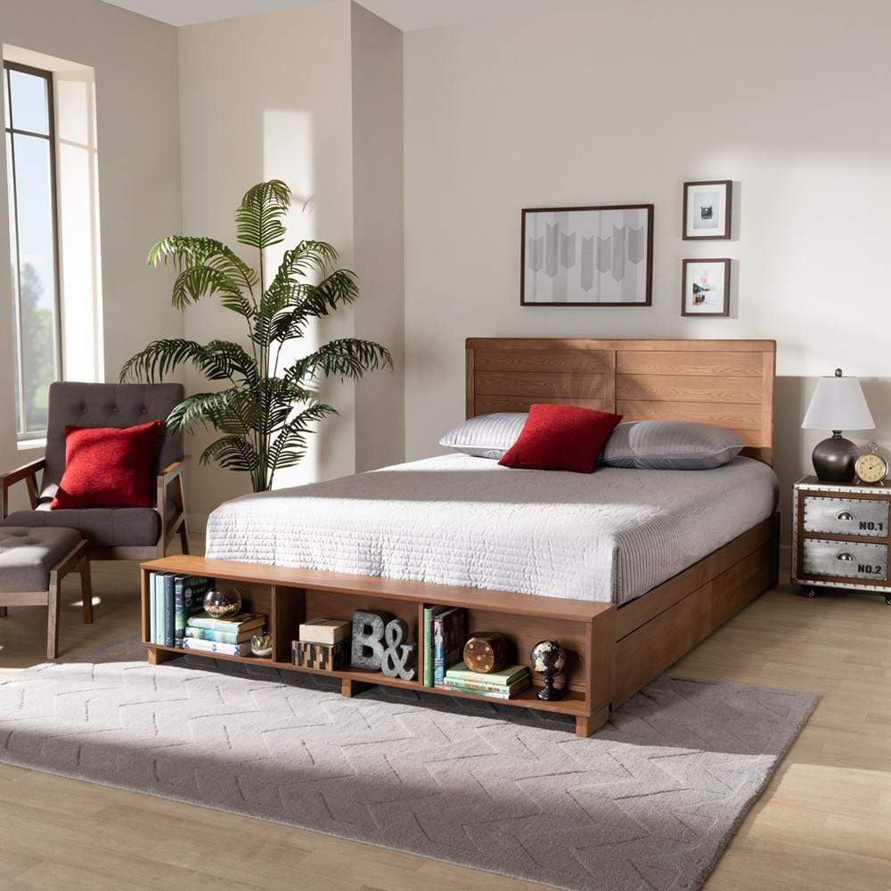 Baxton Studios Bed Baxton Studio Alba Modern Transitional Ash Walnut Brown Finished Wood Queen Size 4-Drawer Platform Storage Bed with Built-in Shelves