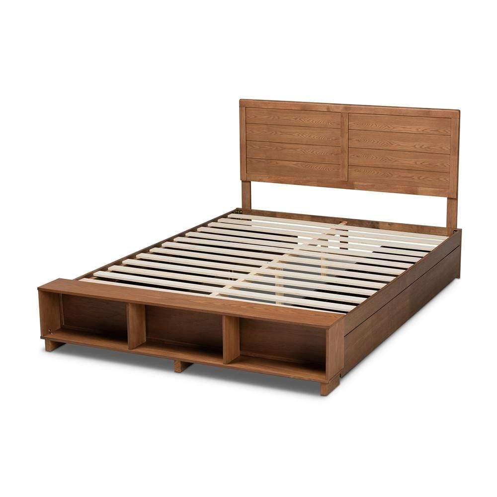 Baxton Studios Bed Baxton Studio Alba Modern Transitional Ash Walnut Brown Finished Wood Queen Size 4-Drawer Platform Storage Bed with Built-in Shelves