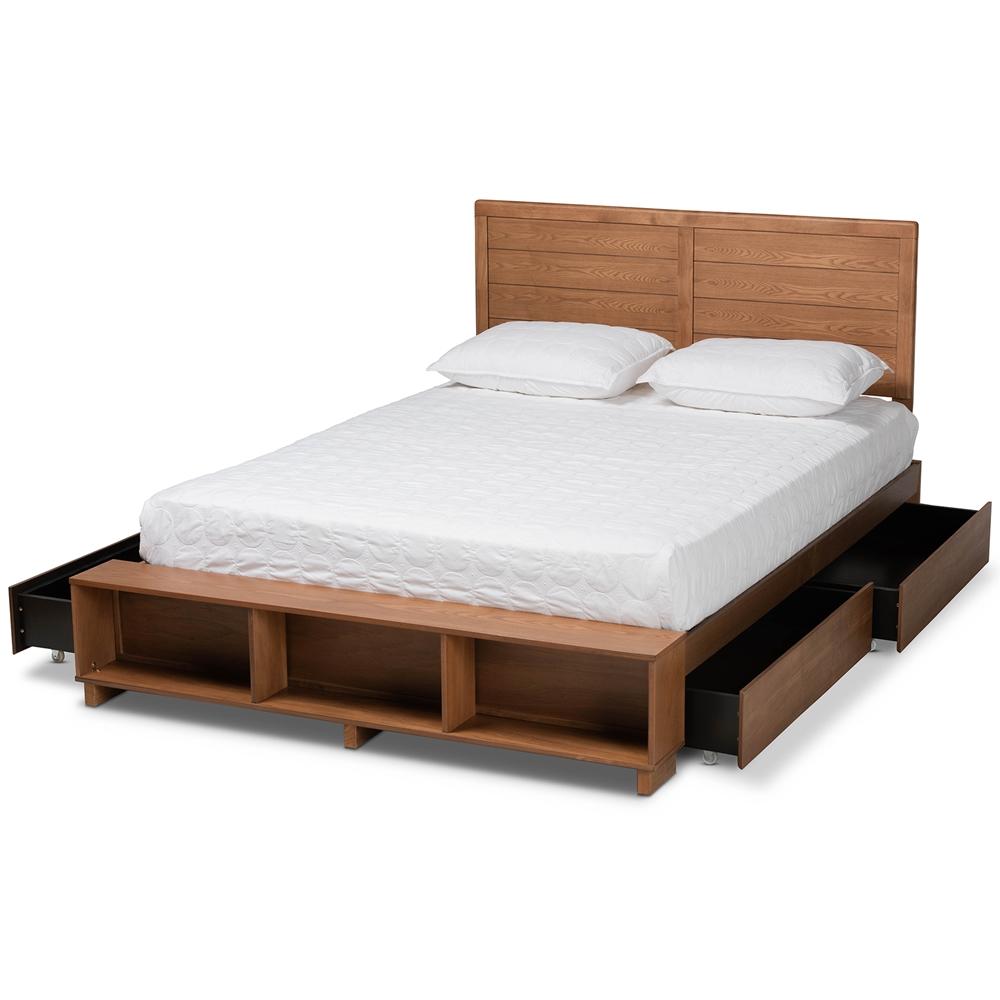 Baxton Studios Bed Baxton Studio Alba Modern Transitional Ash Walnut Brown Finished Wood Queen Size 4-Drawer Platform Storage Bed with Built-in Shelves