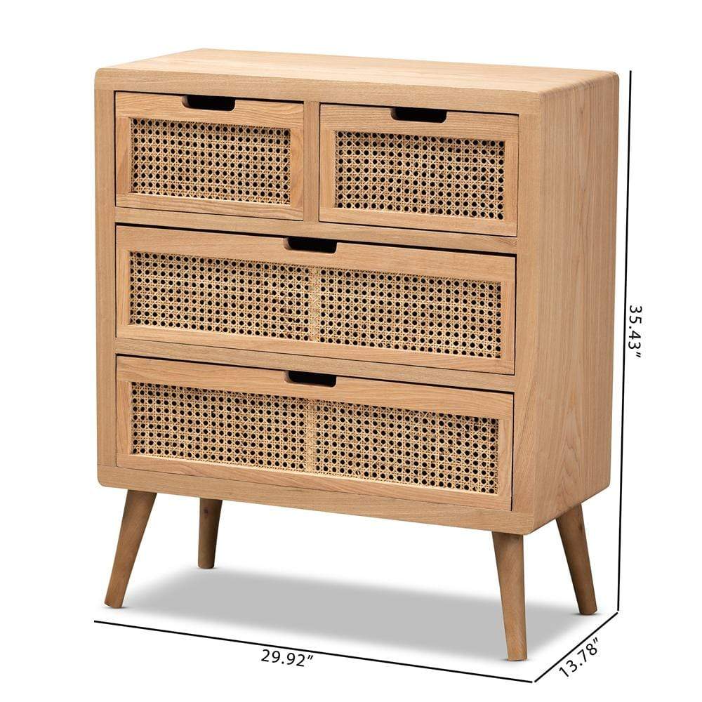 Baxton Studios Chests Baxton Studio Alina Mid-Century Modern Medium Oak Finished Wood and Rattan 4-Drawer Accent Chest