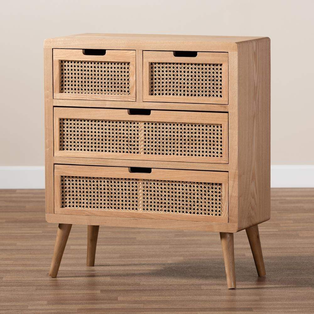 Baxton Studios Chests Baxton Studio Alina Mid-Century Modern Medium Oak Finished Wood and Rattan 4-Drawer Accent Chest